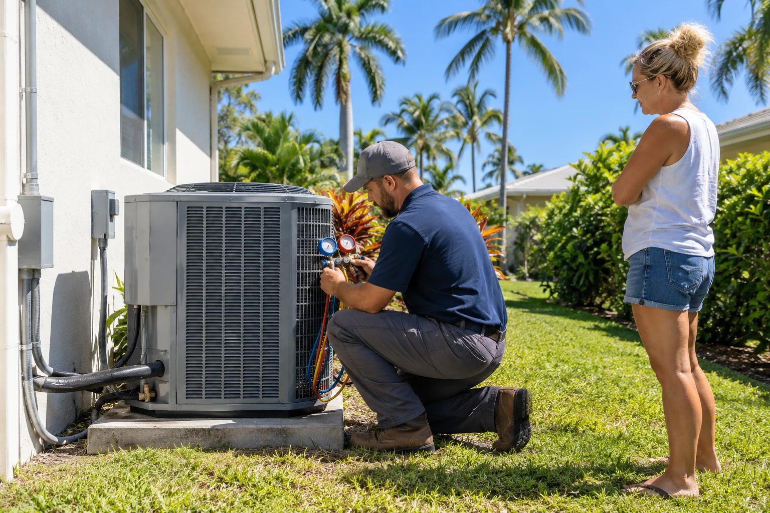 Generated image of an air conditioning technician checking an outdoor unit with gauges beside a Florida home while the homeowner watches from the lawn.