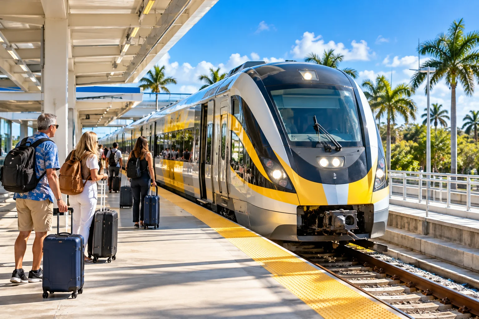 Generated image of travelers with rolling suitcases on a sunny station platform as a yellow and silver passenger train pulls in, with palm trees behind.