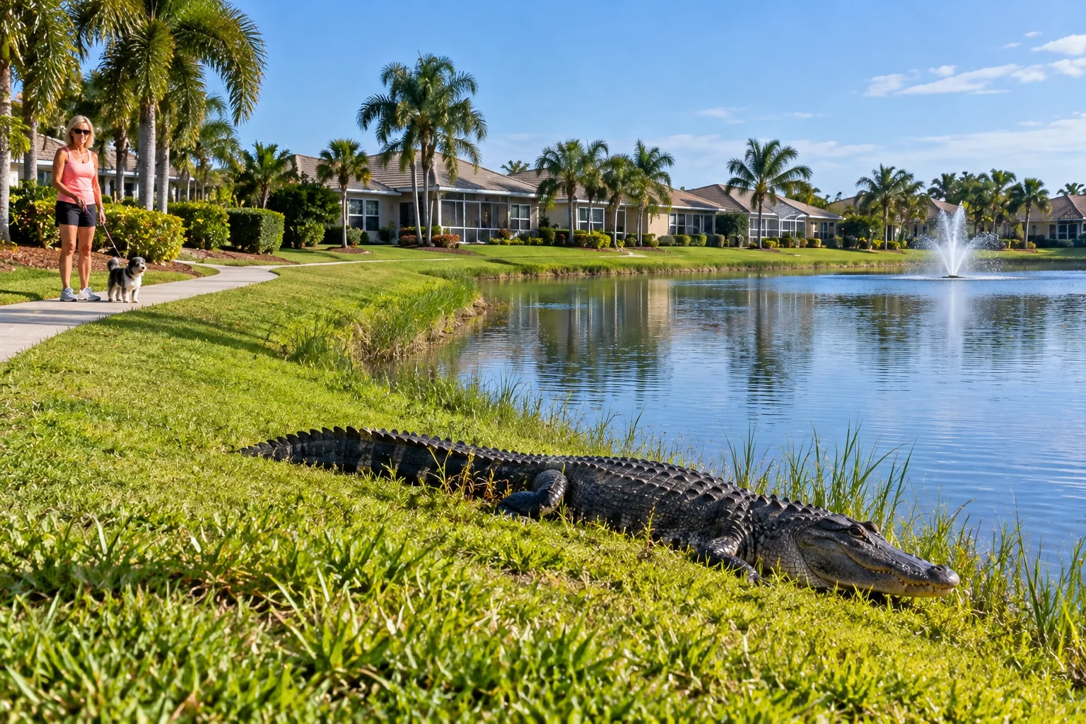 Generated image of an alligator resting on the grassy bank of a neighborhood pond, while a woman keeps her small dog on a short leash well back on the path.