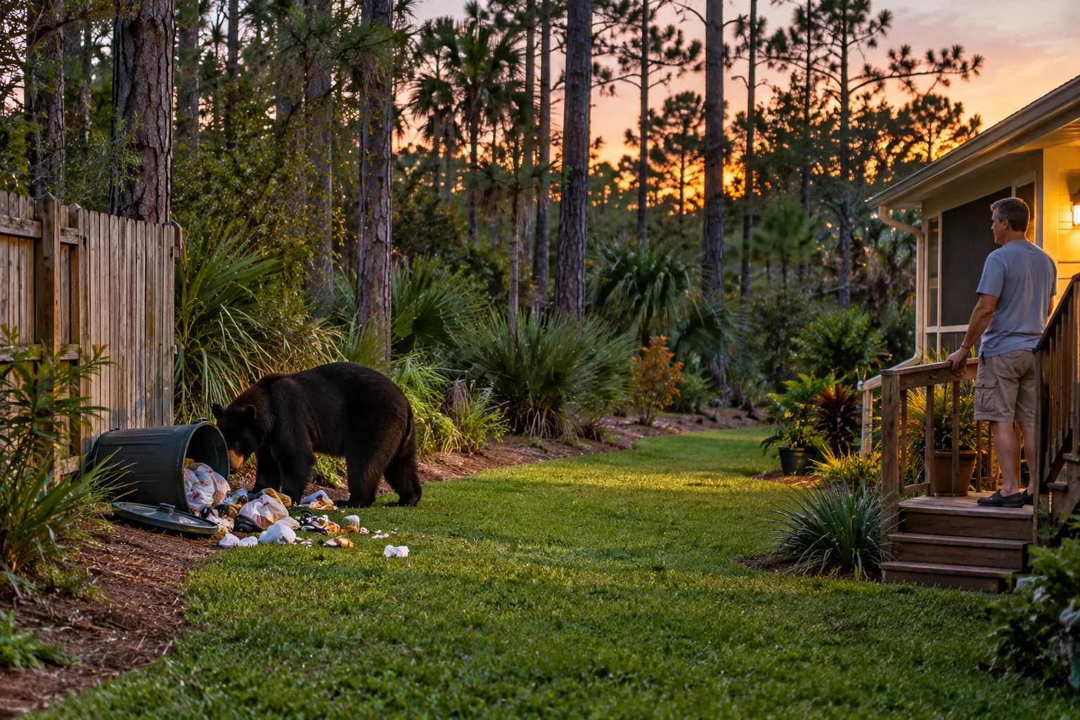 Generated image of a Florida black bear at a tipped-over garbage can at the edge of a wooded backyard at dusk, while a man stands well back on the steps of his house.