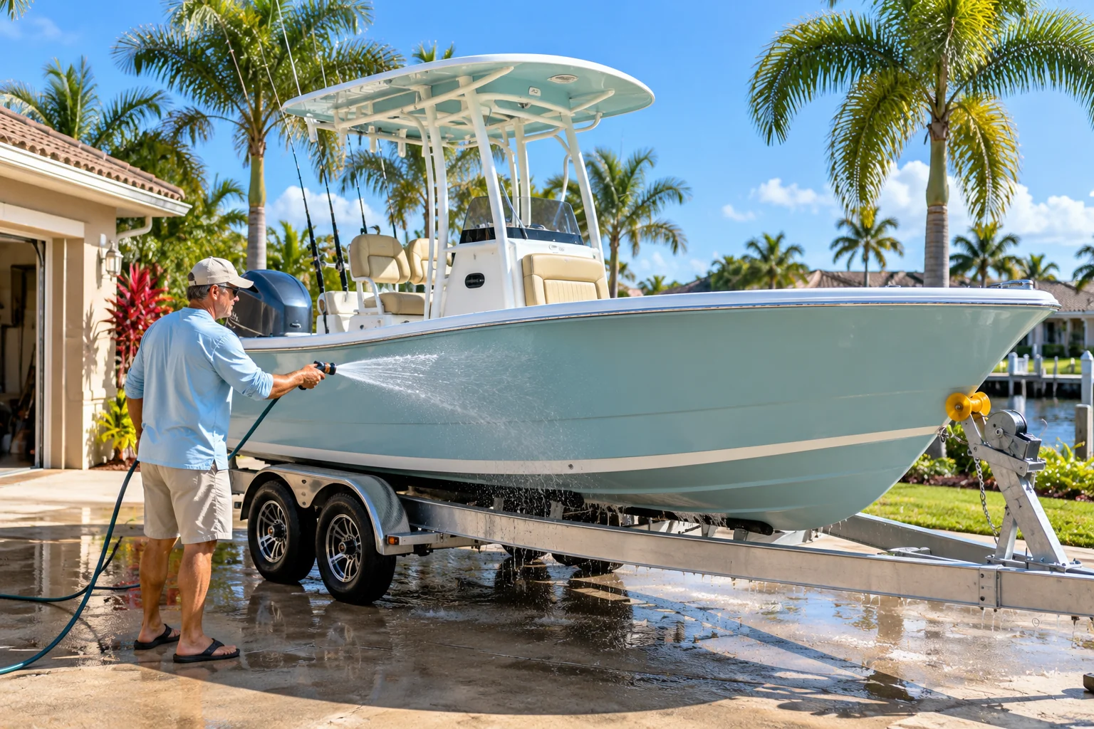 Generated image of a man rinsing a center-console fishing boat on its trailer in the driveway of a Florida home.