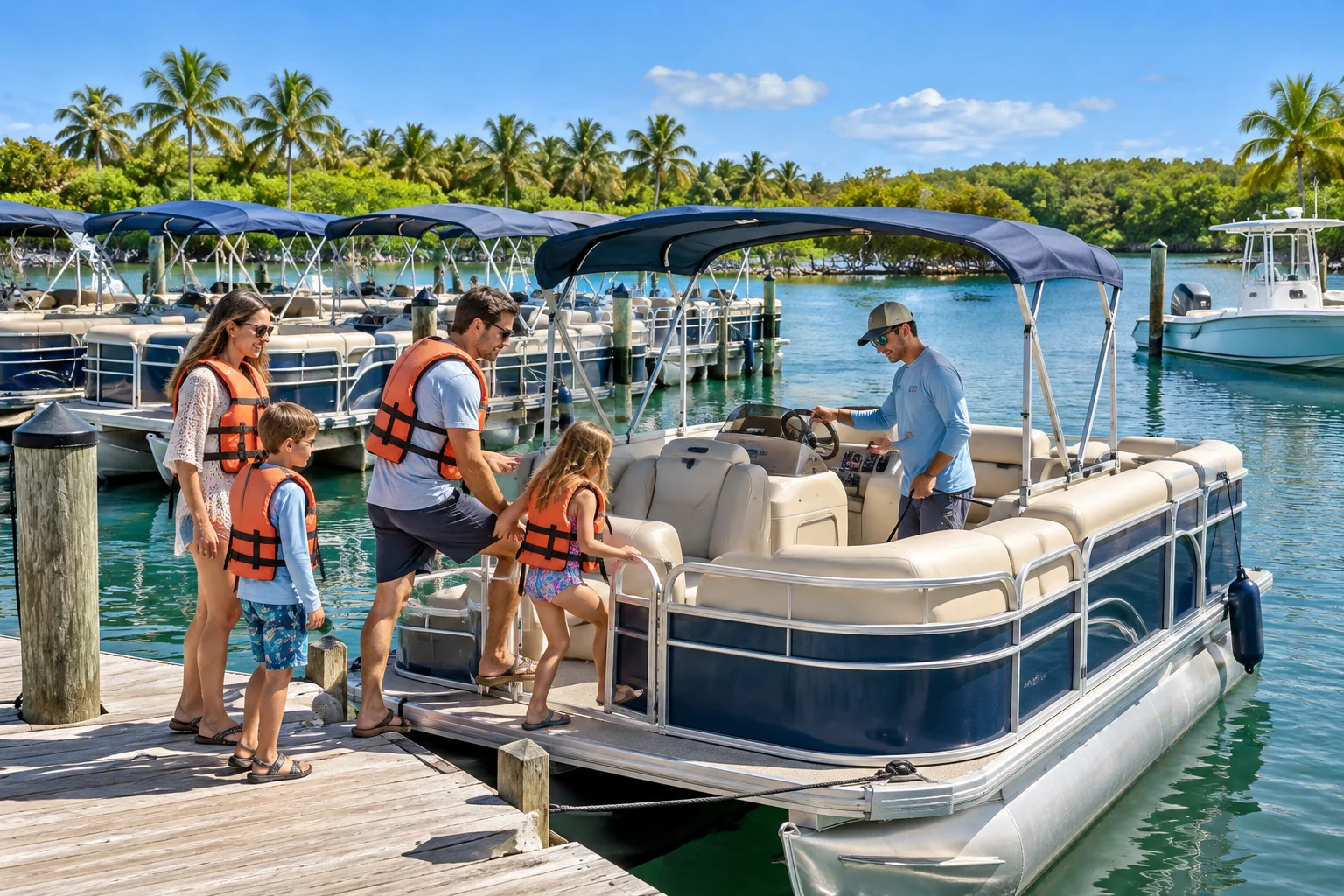 Generated image of a family in orange life jackets stepping from a wooden dock onto a rented pontoon boat while a marina worker at the wheel shows them the controls, with more pontoon boats and mangroves behind.