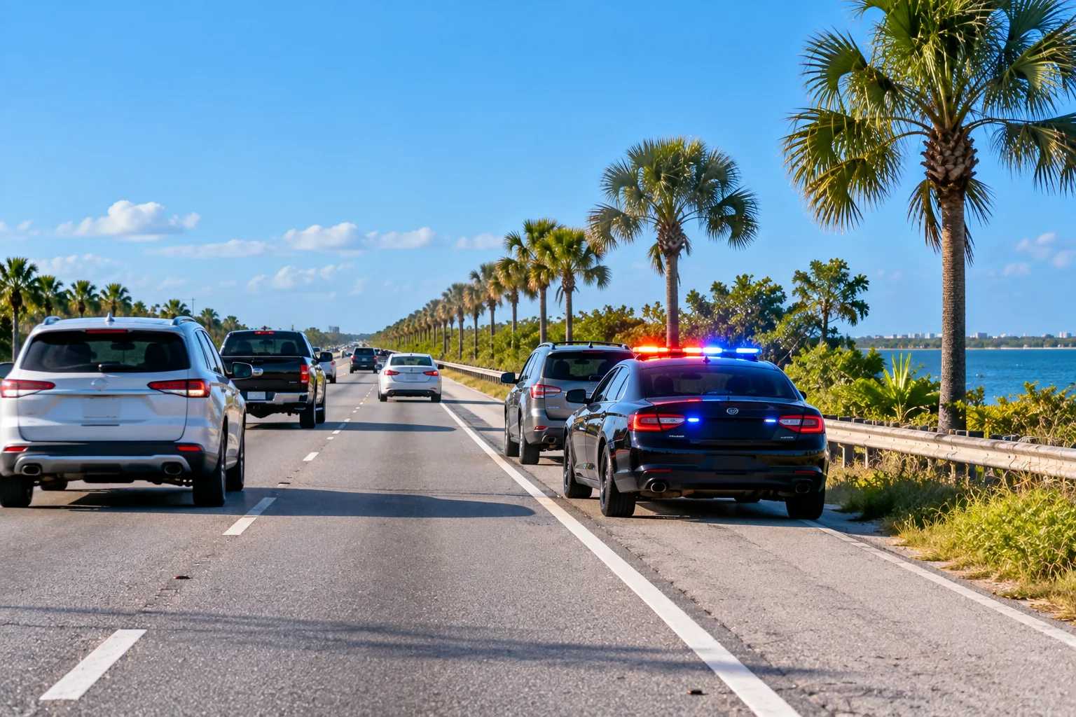 Generated image of a palm-lined Florida highway beside the water, with a police car pulled onto the shoulder behind a stopped car and traffic passing in the next lane.