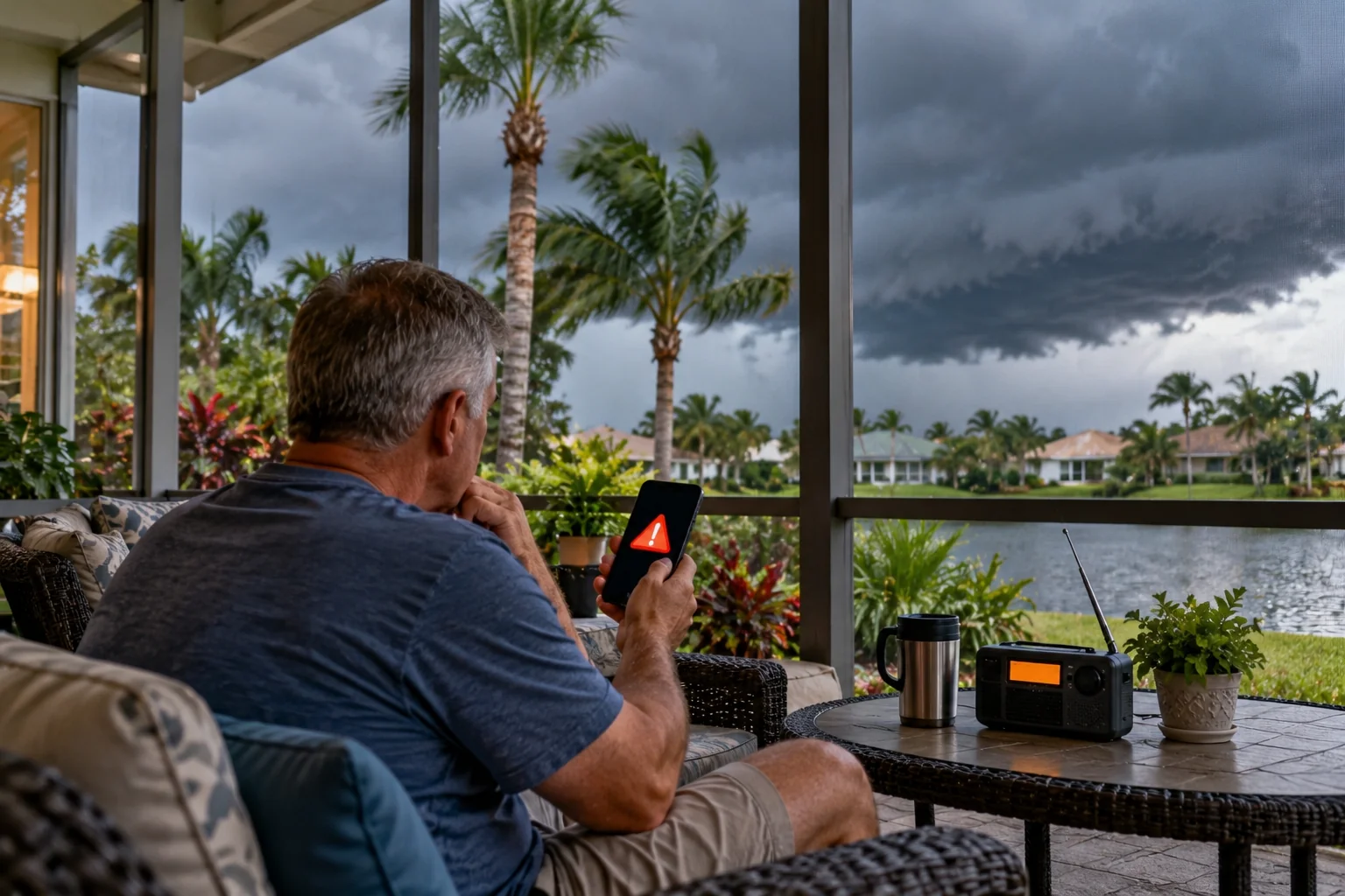 Generated image of a man on a screened lanai reading a warning on his phone as dark storm clouds come in over a lake, with a weather radio on the table.