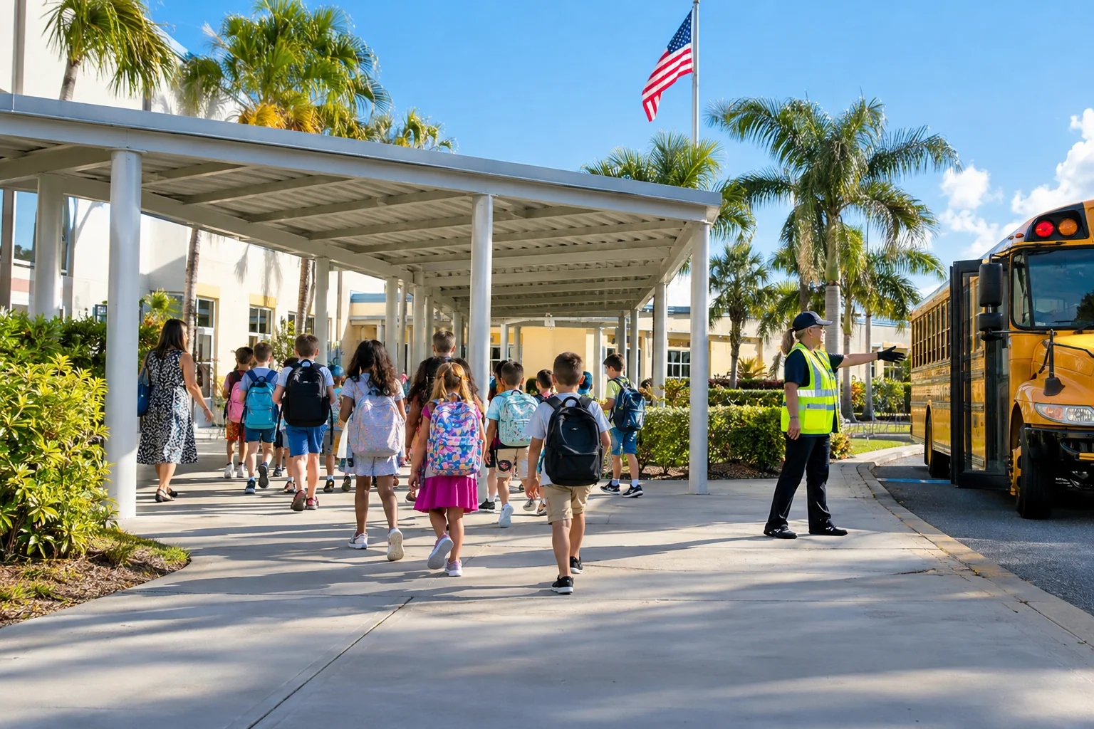 Generated image of children with backpacks walking into a Florida elementary school past a crossing guard, a yellow school bus at the curb and palm trees overhead.