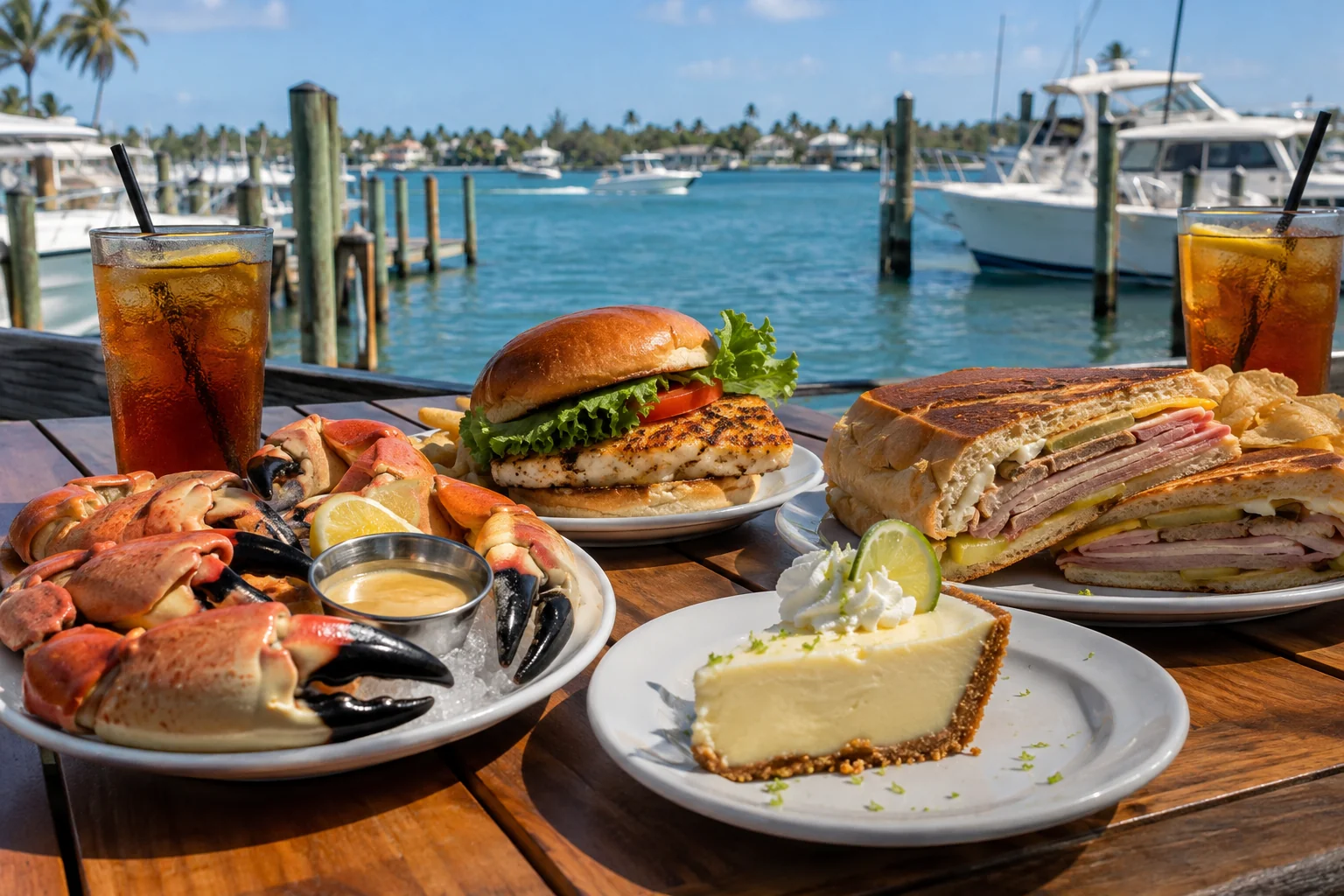 Generated image of a table by the water set with stone crab claws, a grouper sandwich, a Cuban sandwich and a slice of key lime pie.