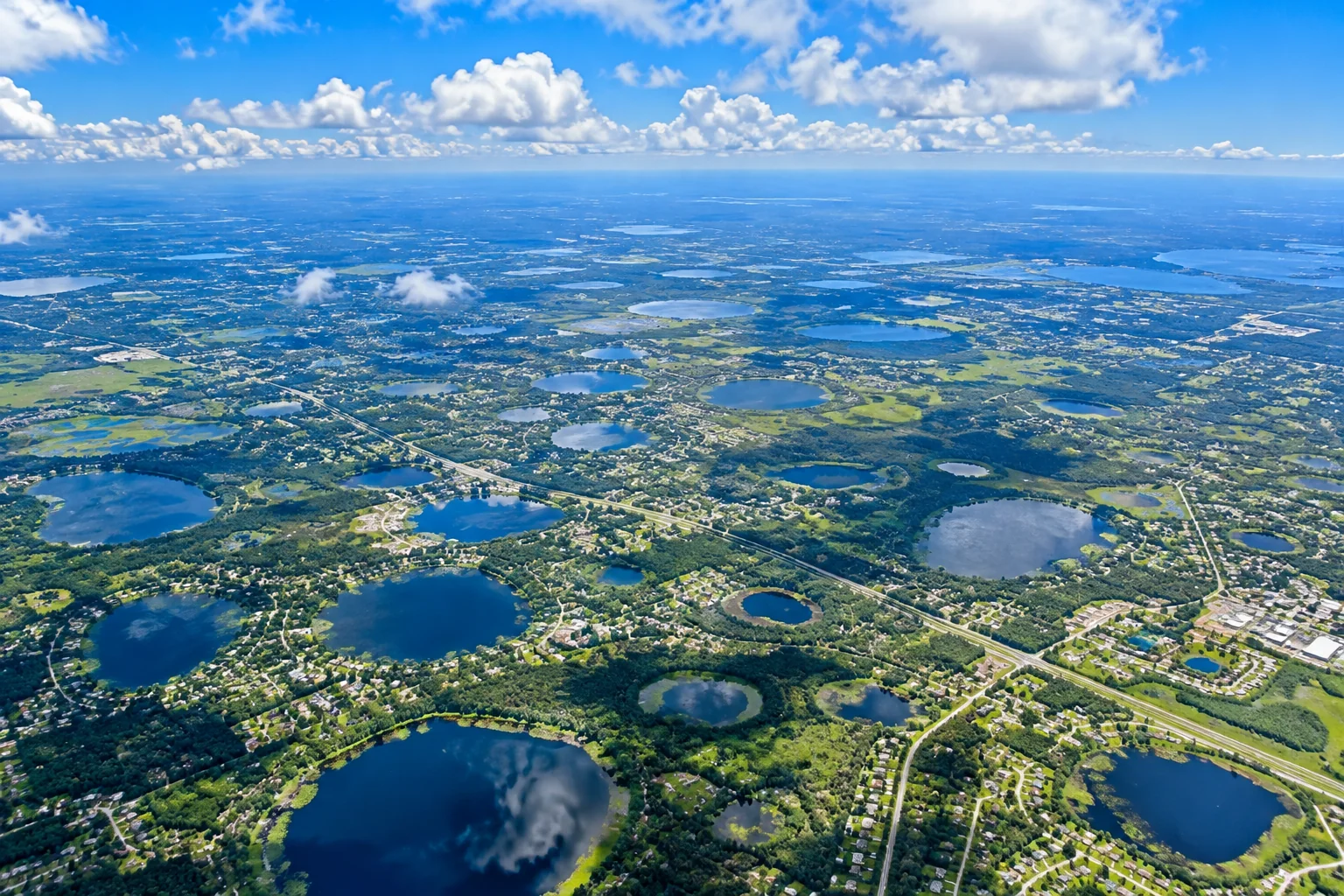 Generated image of an aerial view high above central Florida, flat green land dotted with dozens of round blue lakes, roads and small towns, under white clouds.