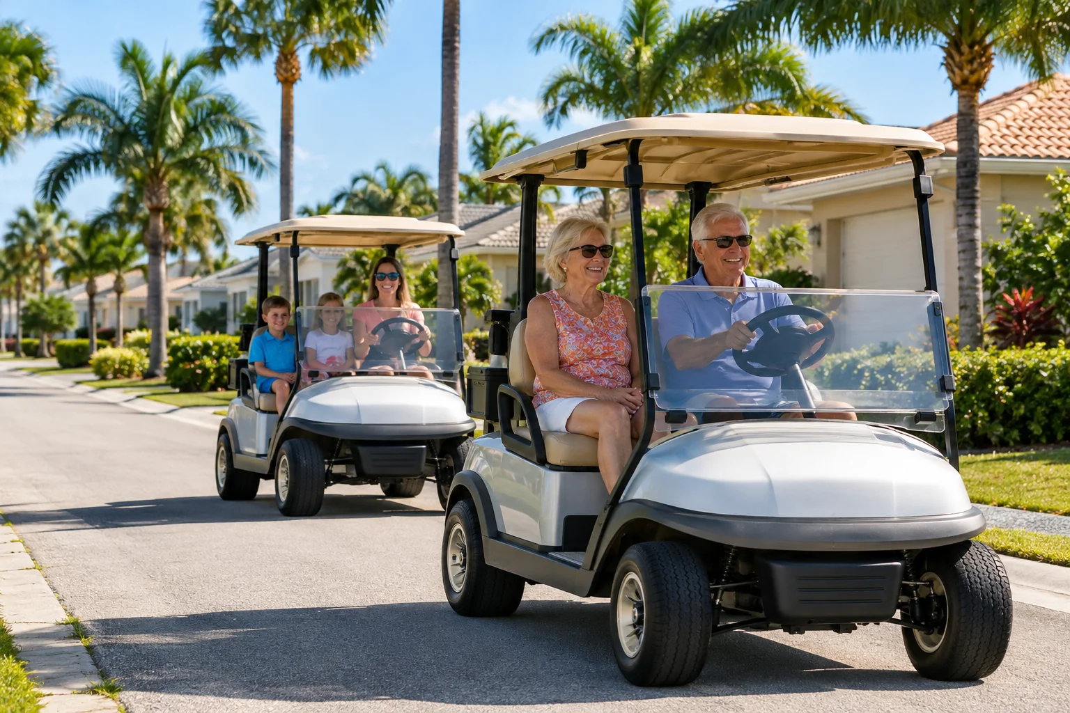 Generated image of an older couple and a mother with two children riding golf carts down a quiet, palm-lined Florida neighborhood street.