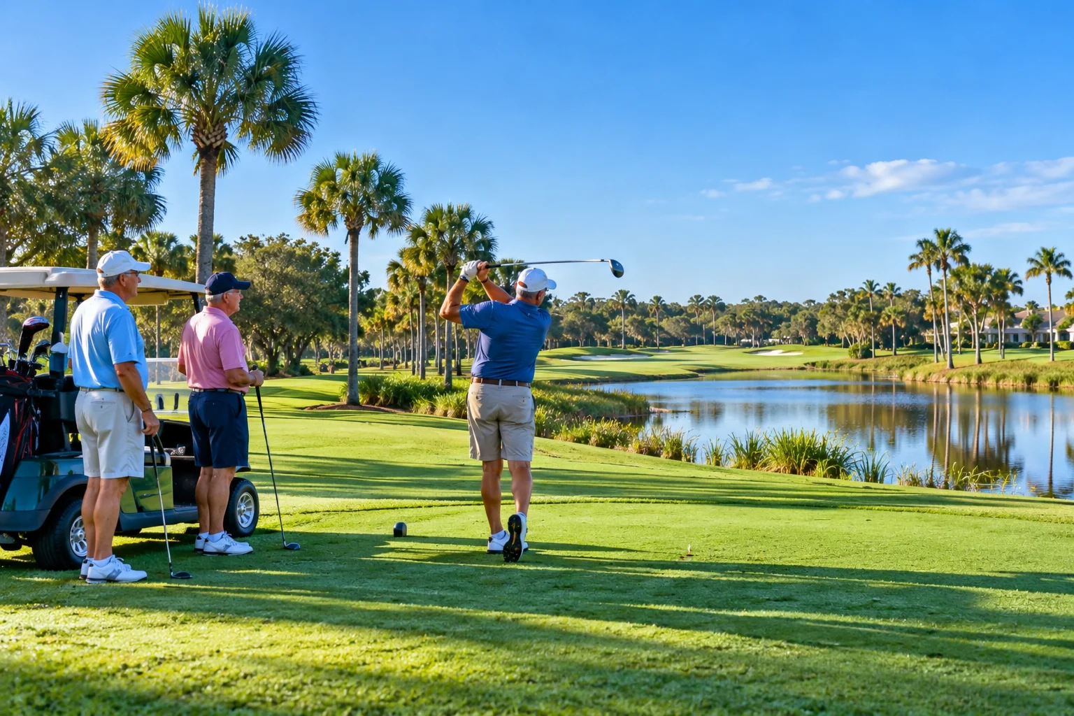 Generated image of a golfer teeing off on a palm-lined Florida course beside a pond while two friends watch from beside a golf cart.