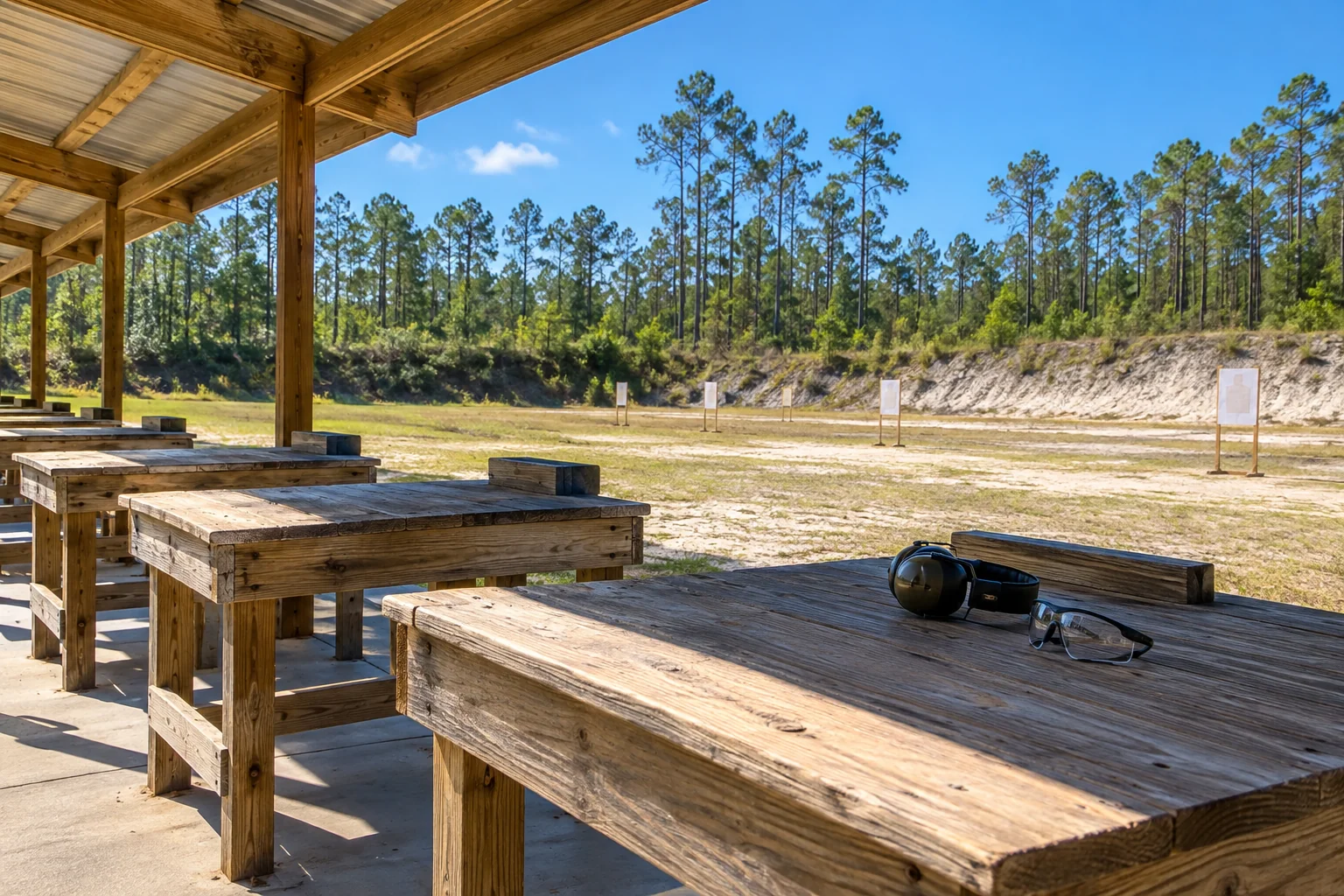 Generated image of an empty covered shooting bench at an outdoor range in Florida pine woods, with ear protection and safety glasses on the bench and targets downrange.