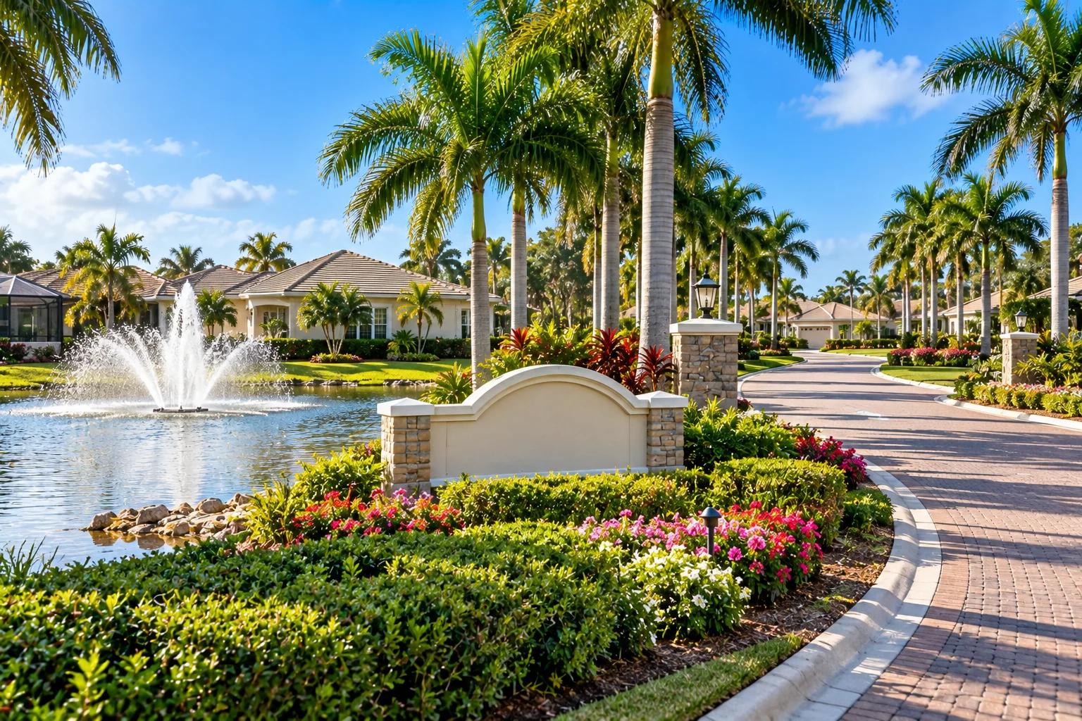 Generated image of the landscaped entrance to a gated community, with a blank stone sign, a fountain in a pond and a palm-lined paver drive.
