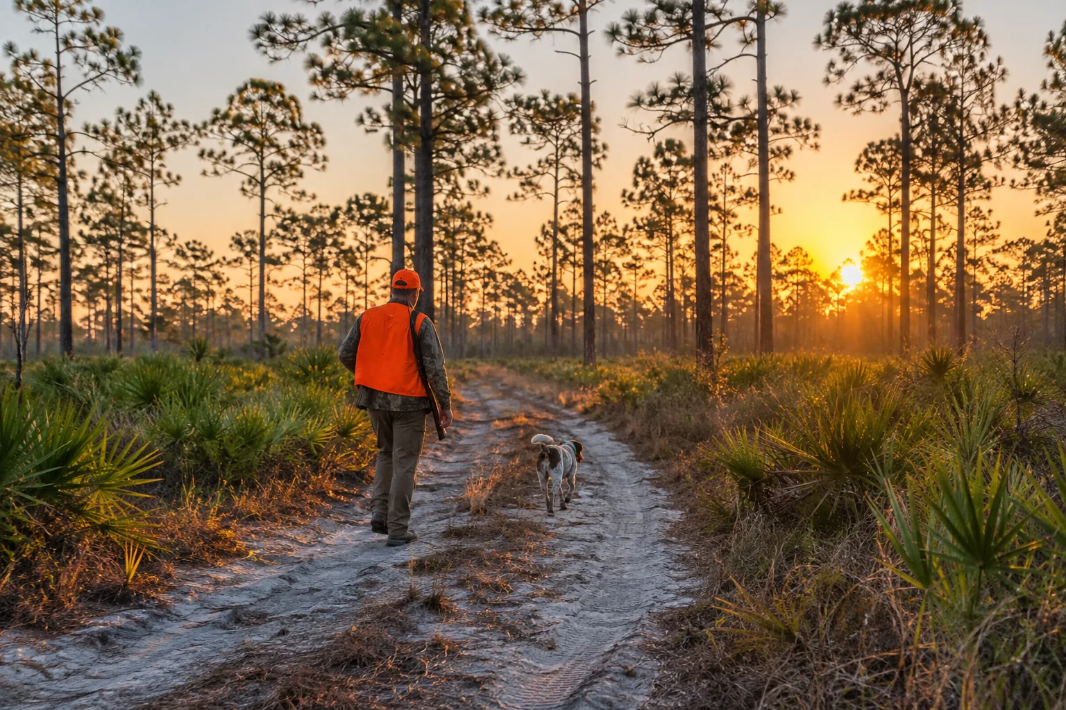 Generated image of a hunter in a blaze orange vest walking a sandy trail through Florida pine woods at sunrise with his dog.