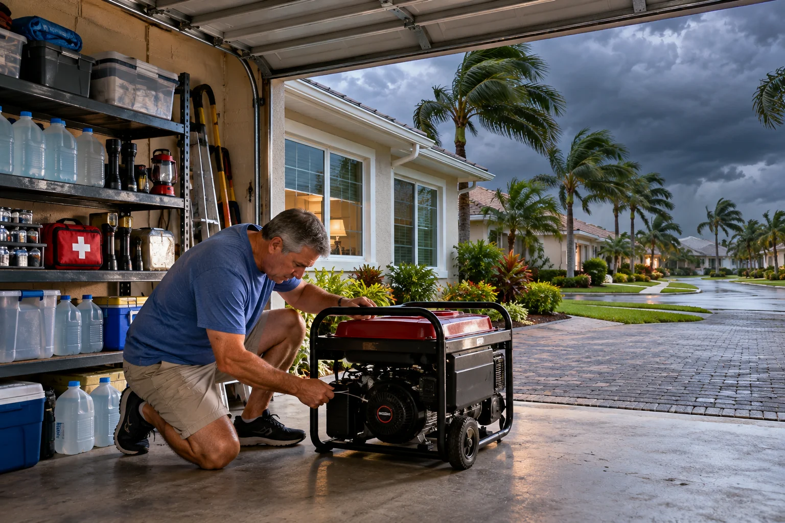 Generated image of a homeowner checking a portable generator in his open garage beside shelves of water jugs, flashlights and a first-aid kit, with storm clouds over the palm-lined street.