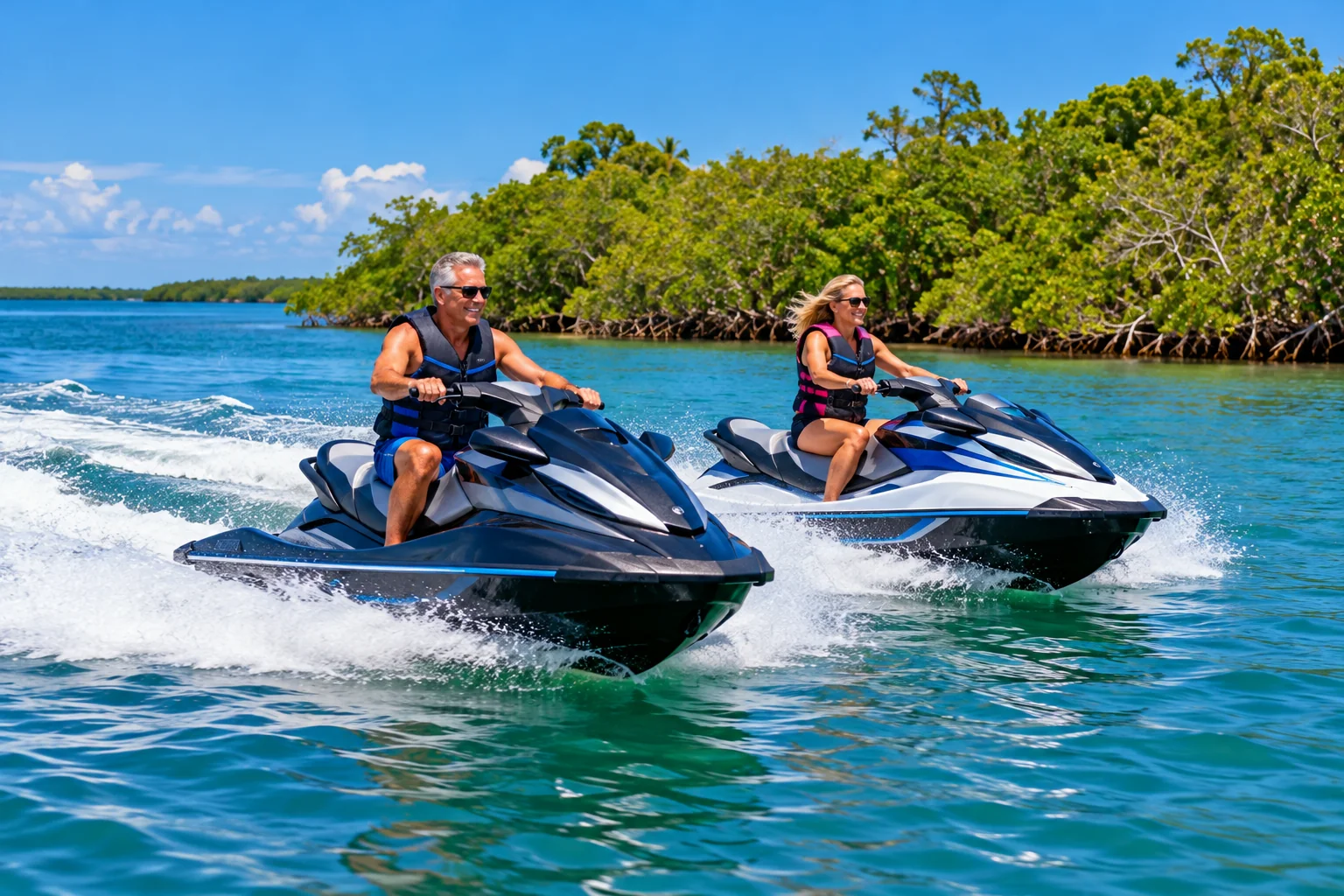 Generated image of two riders in life jackets on personal watercraft crossing blue-green water off a Florida mangrove shore.