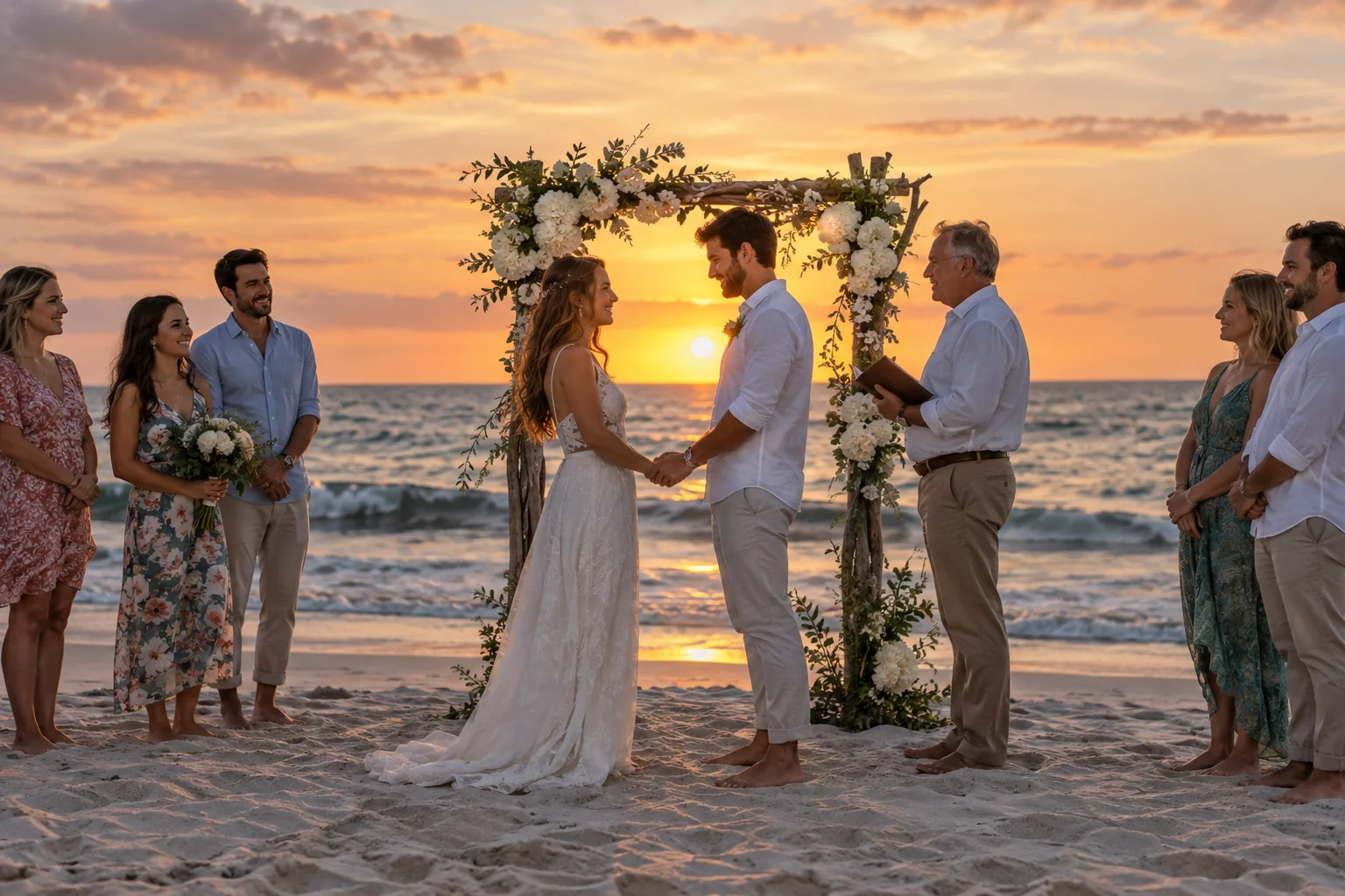 Generated image of a couple holding hands under a flower arch on a Florida beach at sunset while an officiant reads and family and friends stand on the sand.