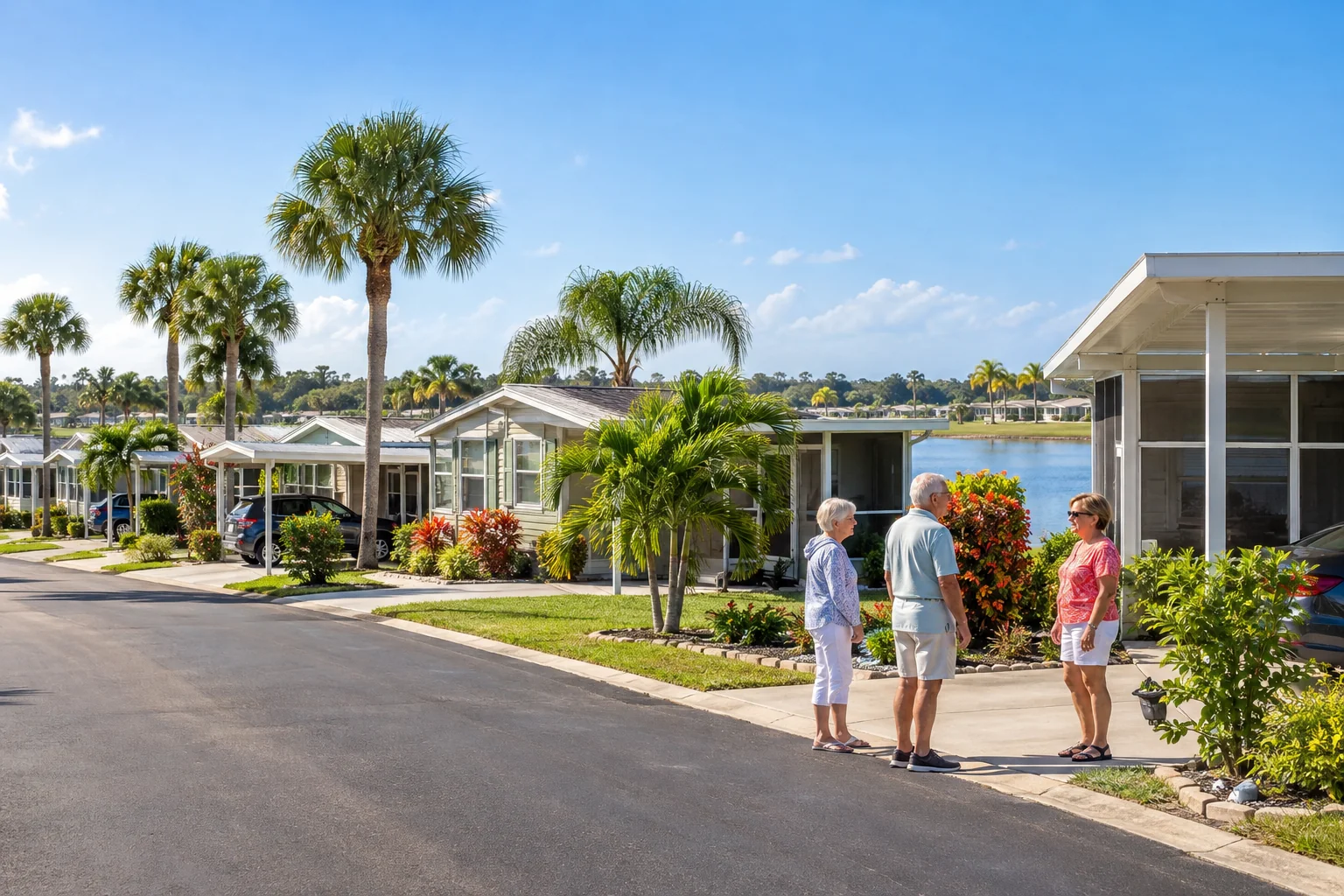 Generated image of neighbors chatting on the street of a tidy manufactured home community in Florida, with carports, palm trees and a lake behind.