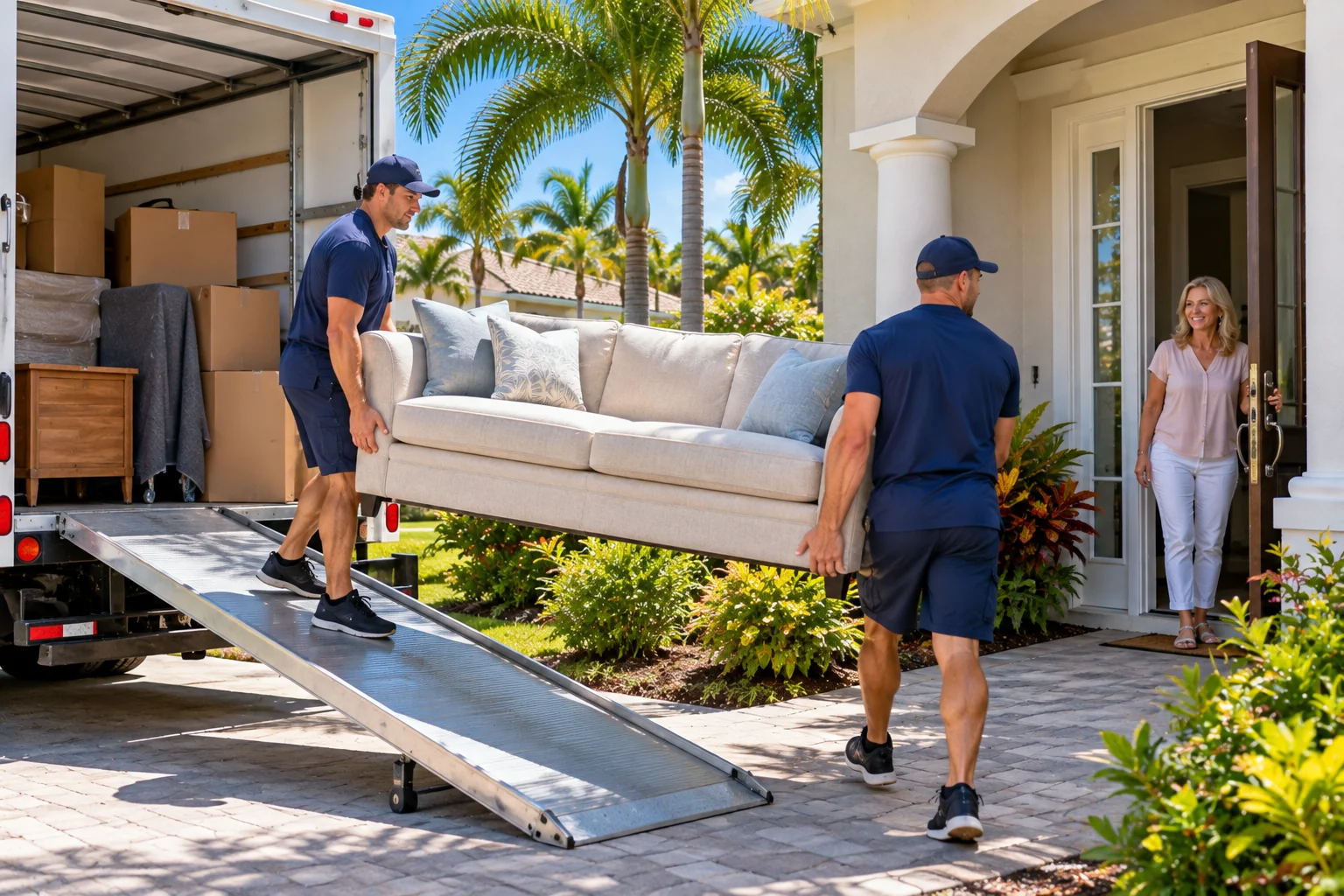 Generated image of two movers carrying a sofa down the ramp of a moving truck toward a Florida home while a woman holds the front door open.