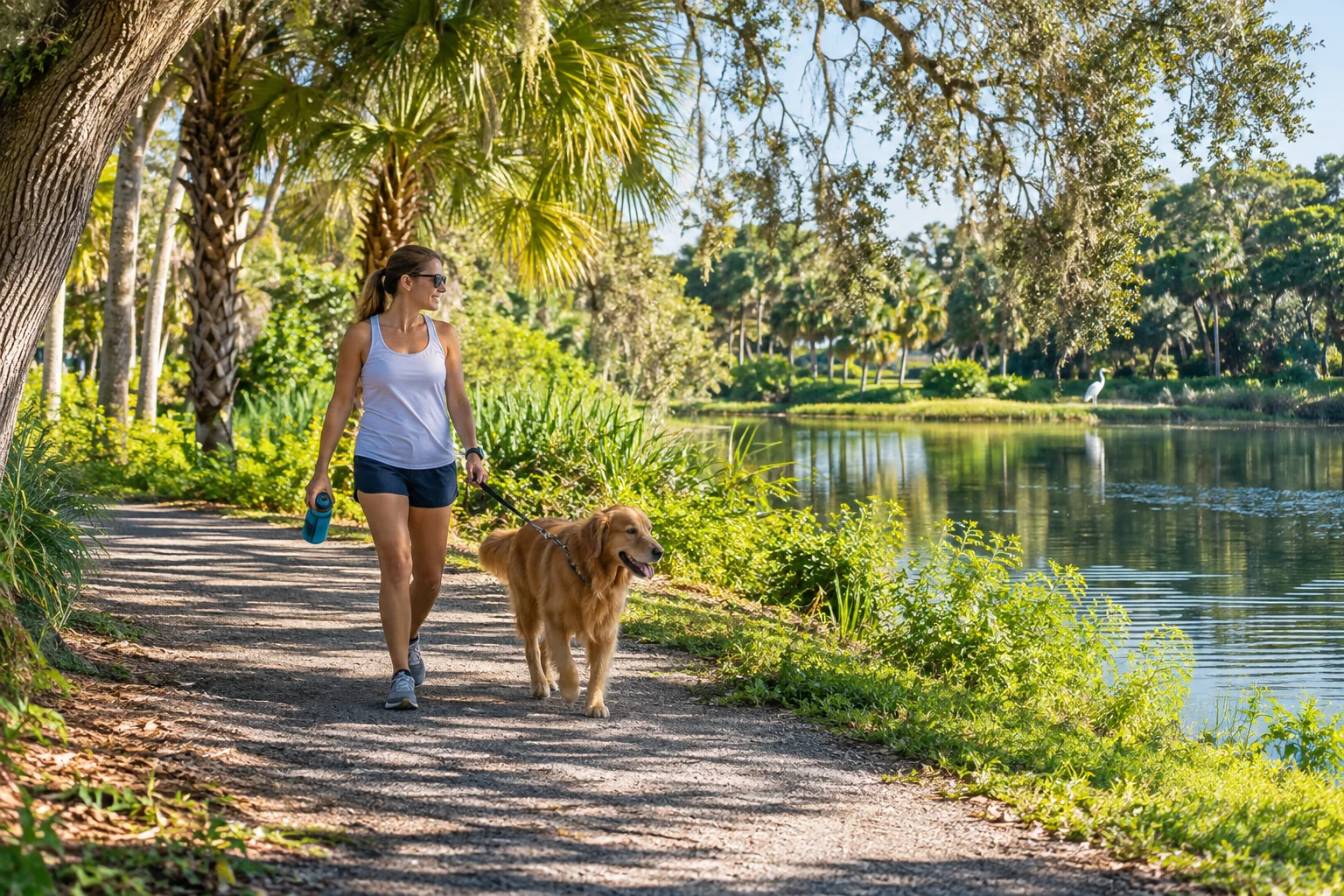Generated image of a woman walking her golden retriever on a shaded path beside a calm Florida river.