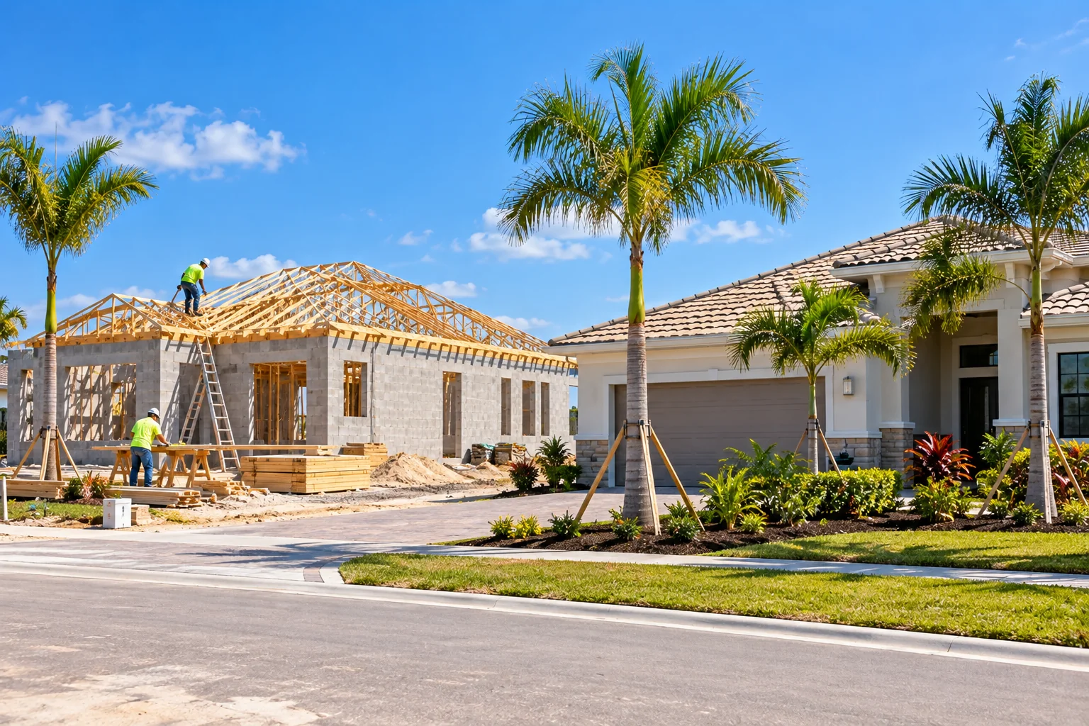 Generated image of a concrete-block house going up with its roof trusses and workers, beside a finished new home on the same street.