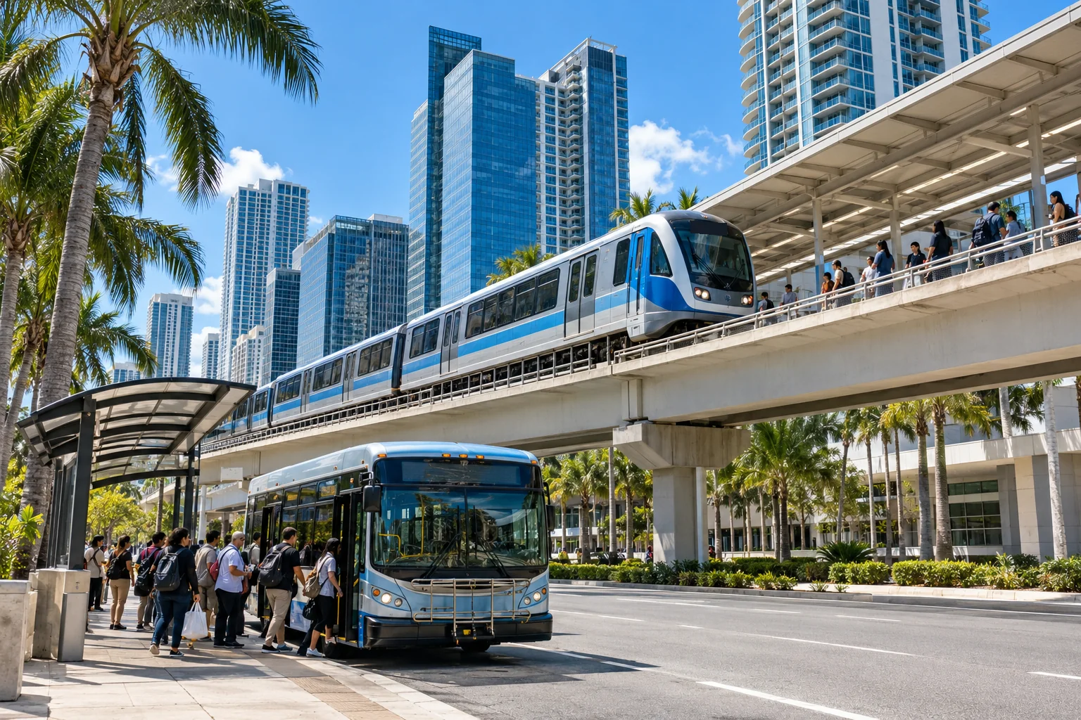 Generated image of a blue and white train on an elevated track above a sunny downtown street, with people boarding a city bus at a covered stop below and palm trees and glass towers behind.