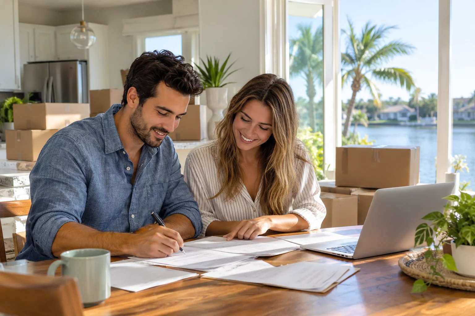 Generated image of a young couple filling out forms together at the kitchen table of their new Florida home, a laptop open and moving boxes stacked behind them, with the water outside the window.