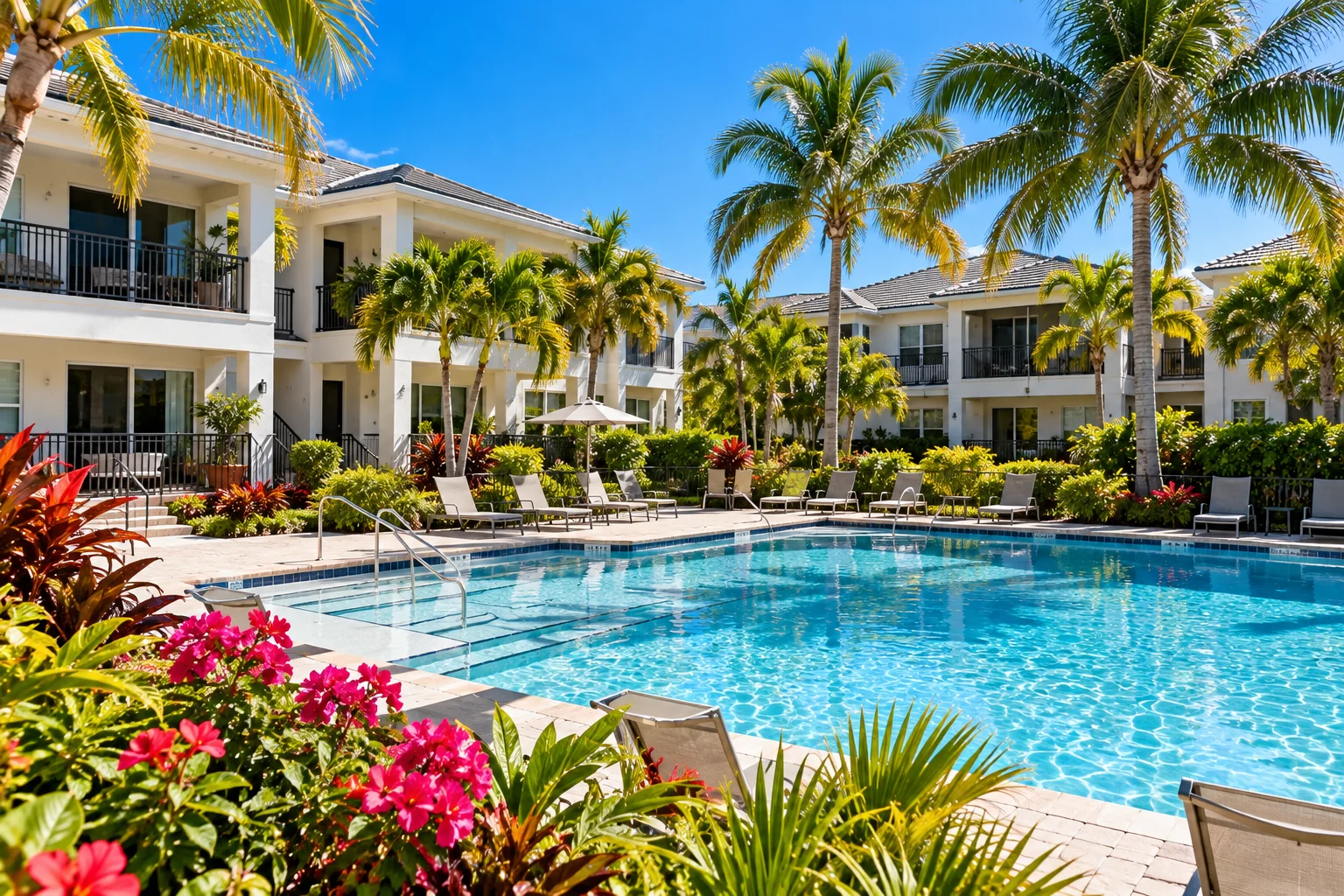 Generated image of low apartment buildings with balconies around a bright blue pool with lounge chairs, palm trees and flowering plants.