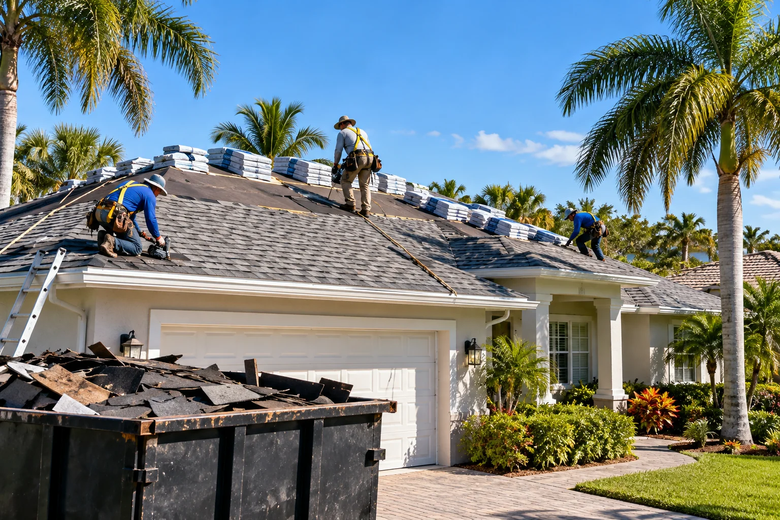 Generated image of roofers in safety harnesses laying new shingles on a one-story Florida home, with a dumpster of torn-off roofing in the driveway.