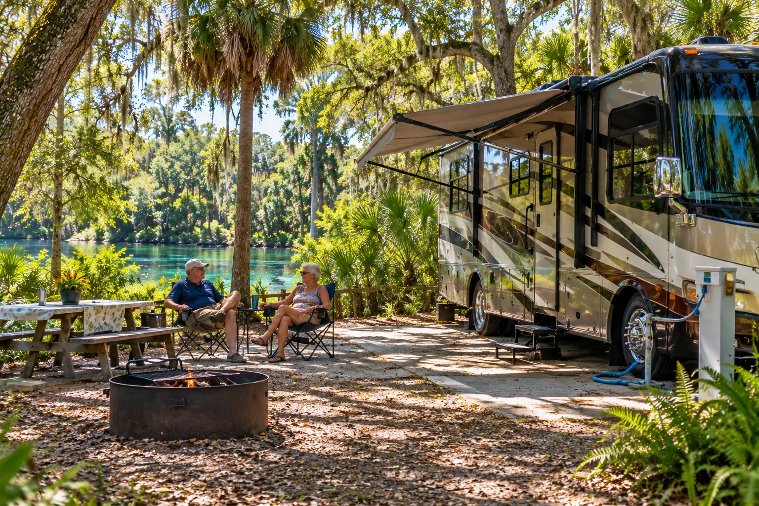 Generated image of a large motor home parked at a shaded Florida campsite beside clear blue-green spring water, with a couple sitting in camp chairs near a fire ring.