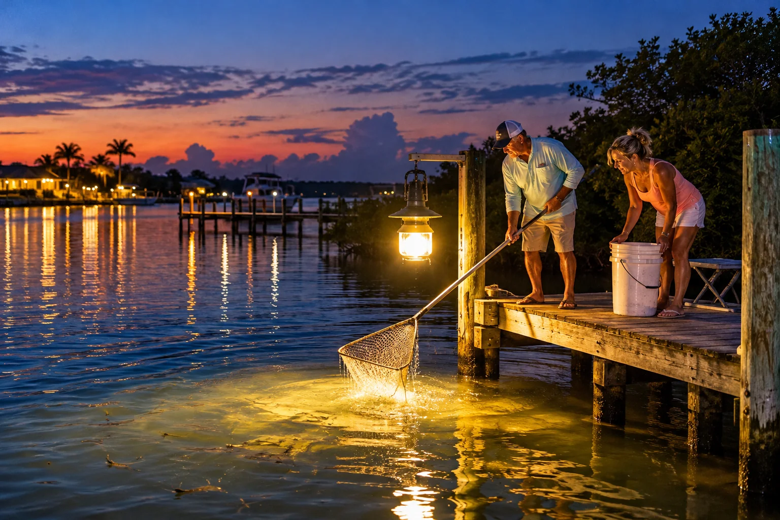 Generated image of a couple shrimping from a wooden dock at dusk, the man dipping a long-handled net into the water under a lantern while the woman holds a white bucket.