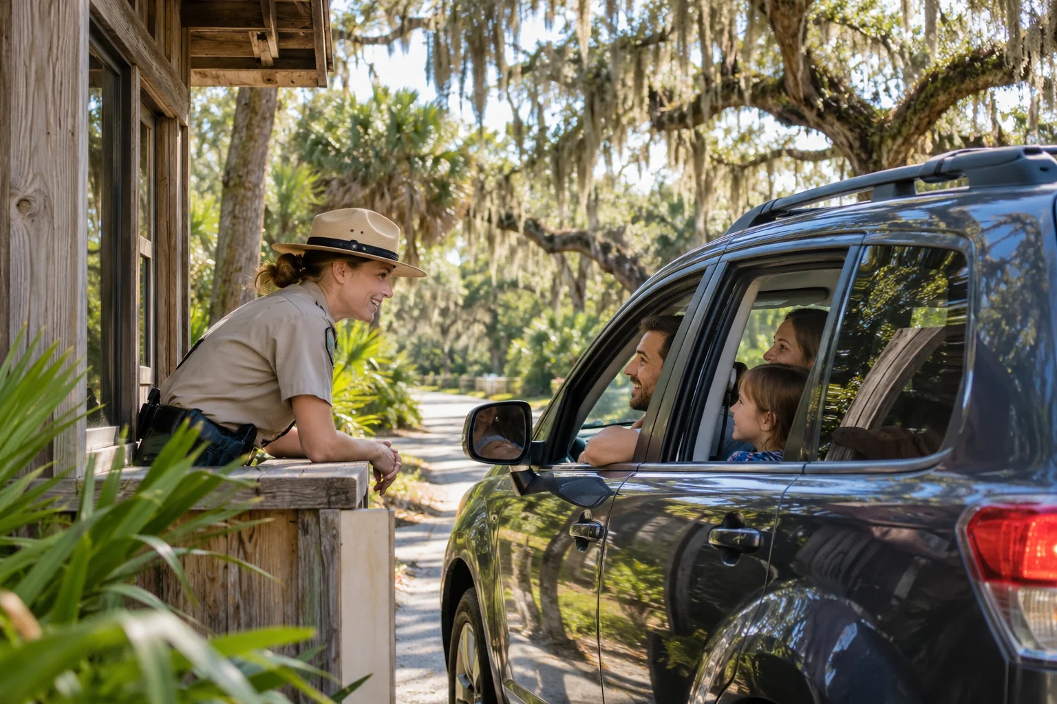 Generated image of a park ranger in a flat-brimmed hat greeting a family in their car at a state park entrance station under live oaks hung with Spanish moss.