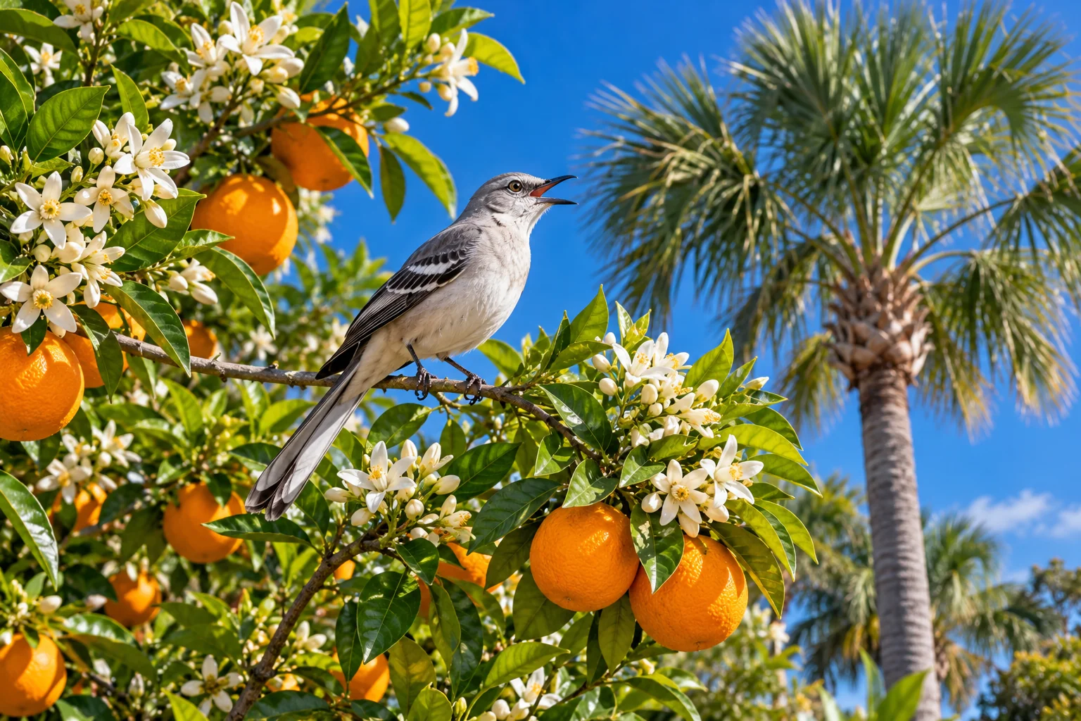 Generated image of a mockingbird singing in an orange tree full of white orange blossoms and ripe oranges, with a sabal palm behind it.