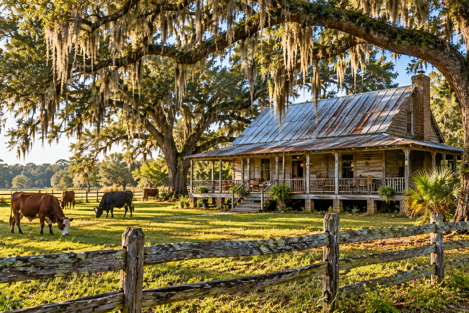 Generated image of an old Florida pioneer house of weathered wood with a tin roof and a wide porch under live oaks hung with Spanish moss, cattle grazing behind a split-rail fence.