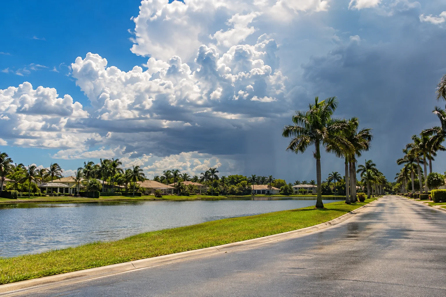 Generated image of a summer afternoon storm building in towering clouds over palm trees, a lake and a Florida neighborhood road.