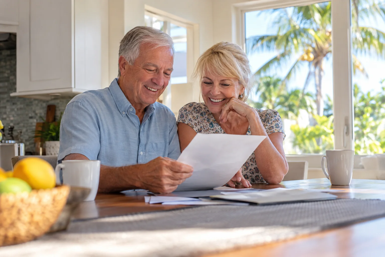 Generated image of an older couple smiling with relief as they look over a paper bill at the kitchen table of their Florida home.