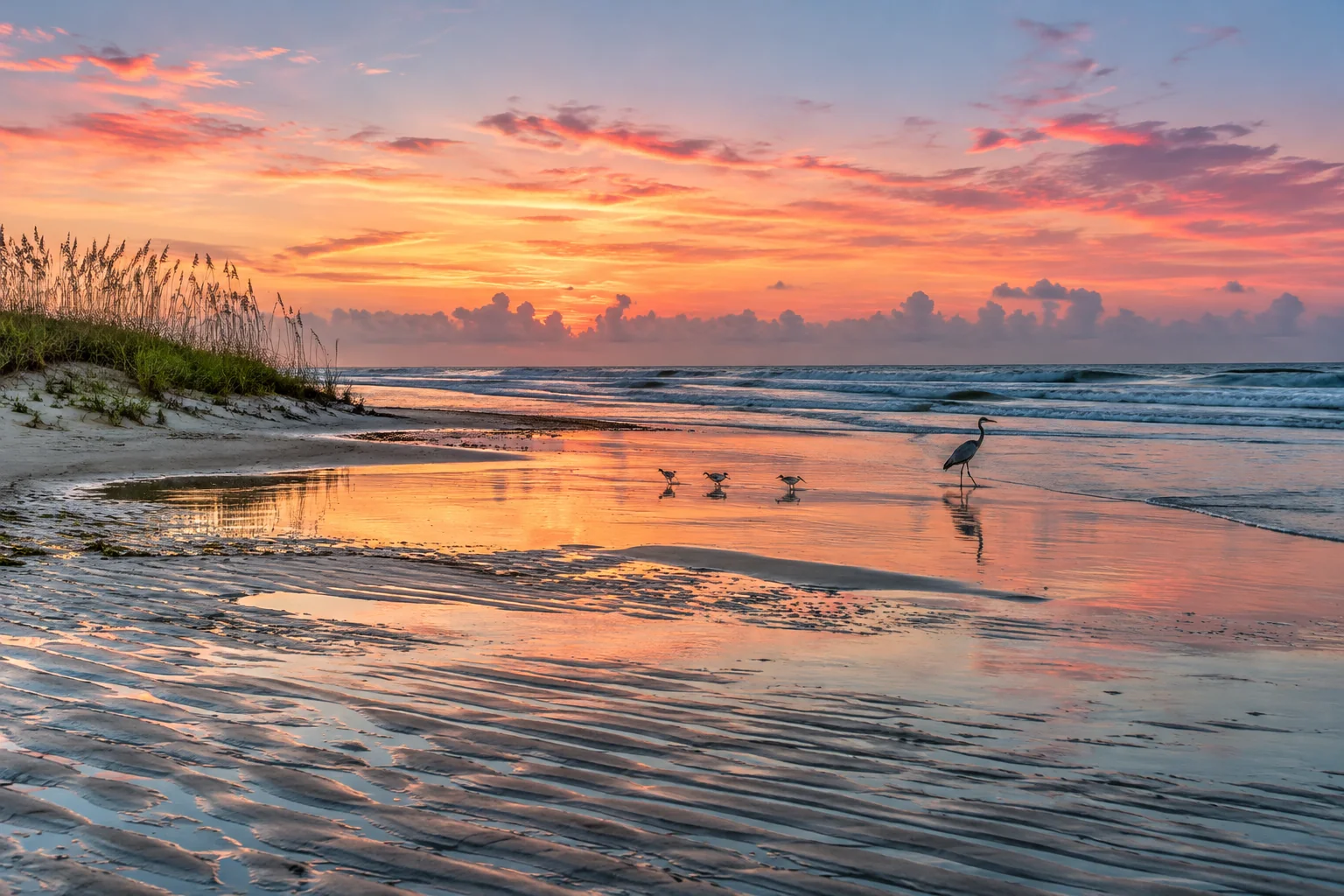 Generated image of a wide Florida beach at low tide at sunrise, wet rippled sand reflecting a pink and orange sky, a heron and sandpipers at the water's edge and sea oats on a low dune.
