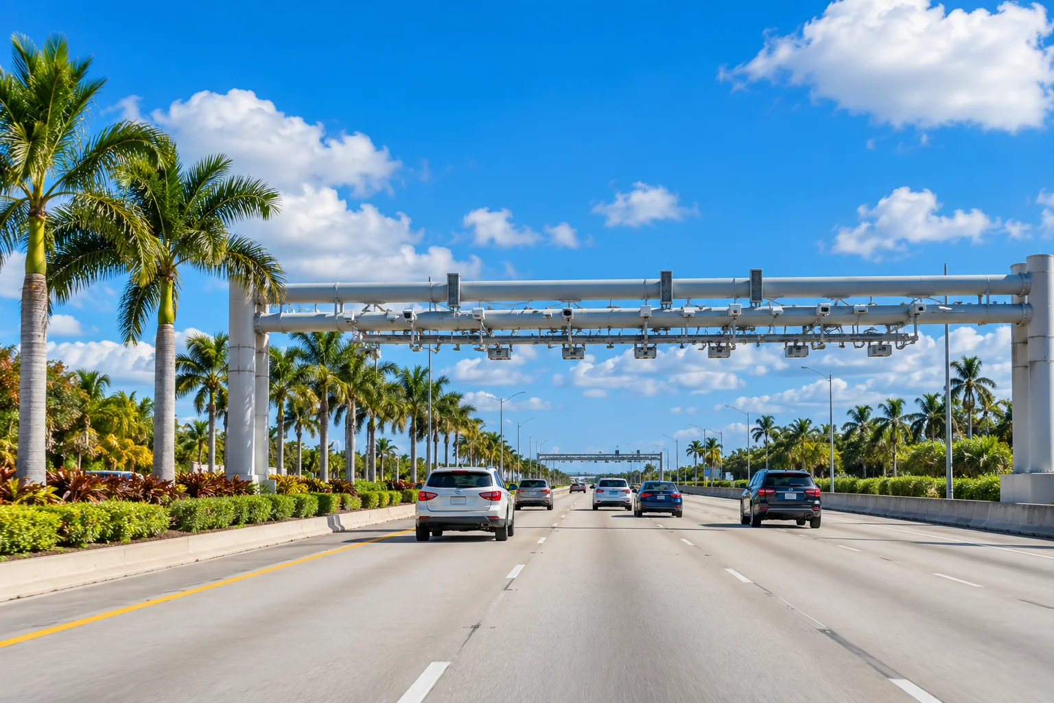 Generated image of cars on a palm-lined Florida highway passing under an overhead electronic toll gantry with no toll booths, under a blue sky with white clouds.