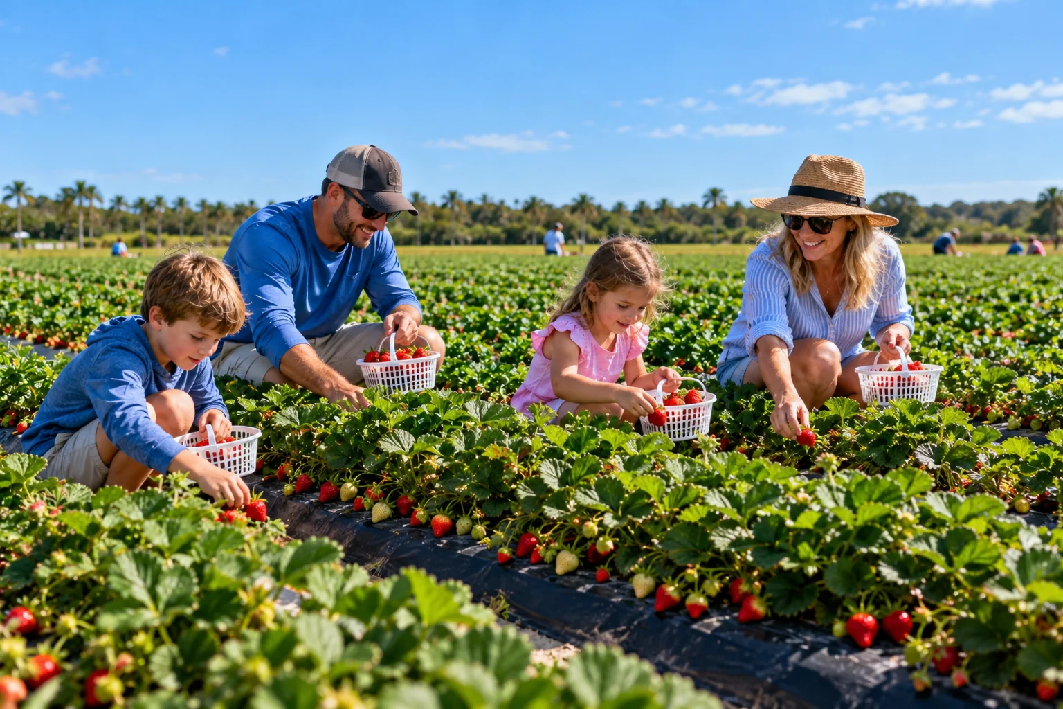 Generated image of a family picking strawberries into white baskets in a Florida strawberry field on a sunny day.