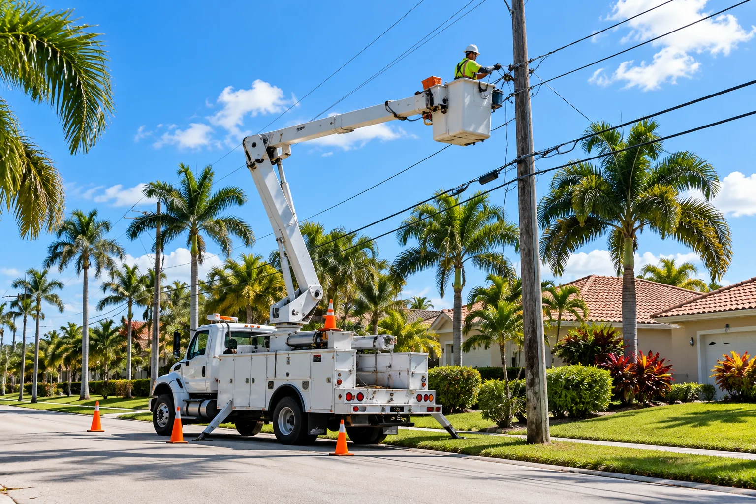 Generated image of a utility worker in a bucket truck working on the power lines along a palm-lined residential street.