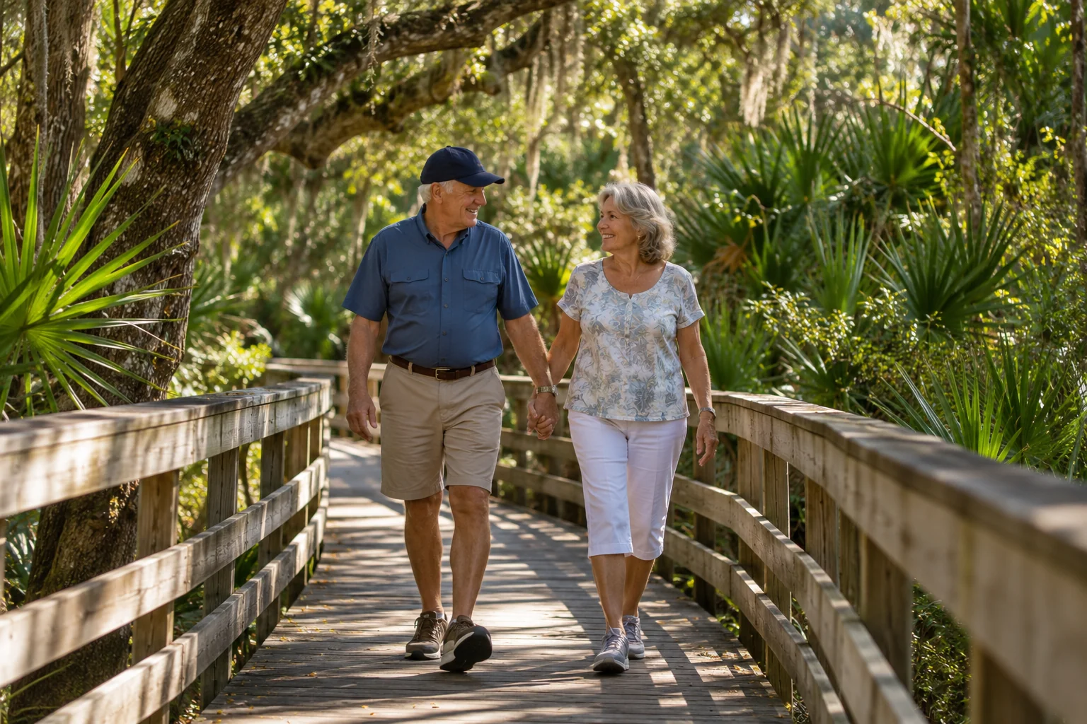 Generated image of an older couple walking hand in hand on a wooden boardwalk under live oaks and palmettos in a Florida park.