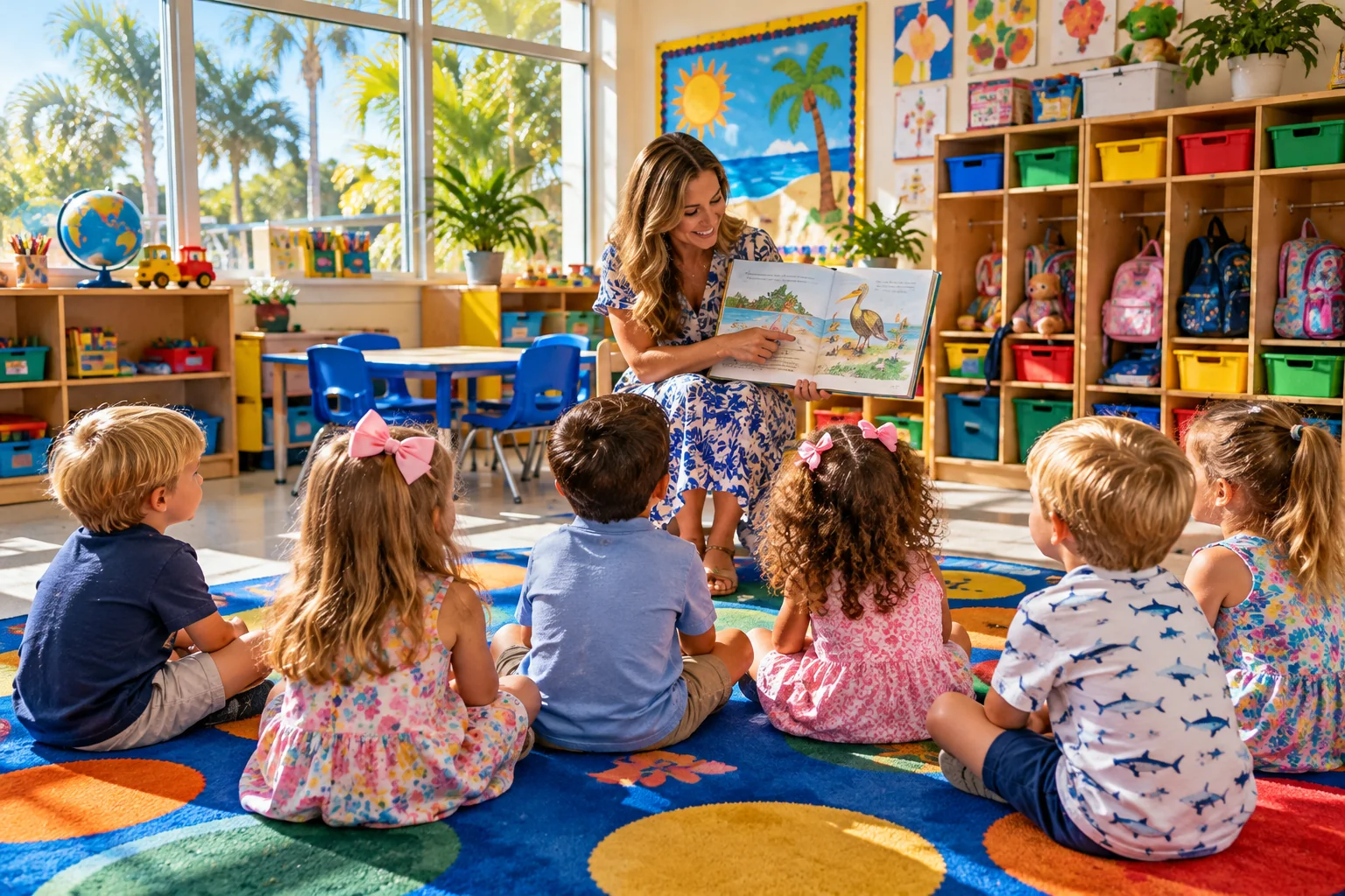 Generated image of a pre-K teacher reading a picture book to children sitting on a colorful rug in a bright Florida classroom.
