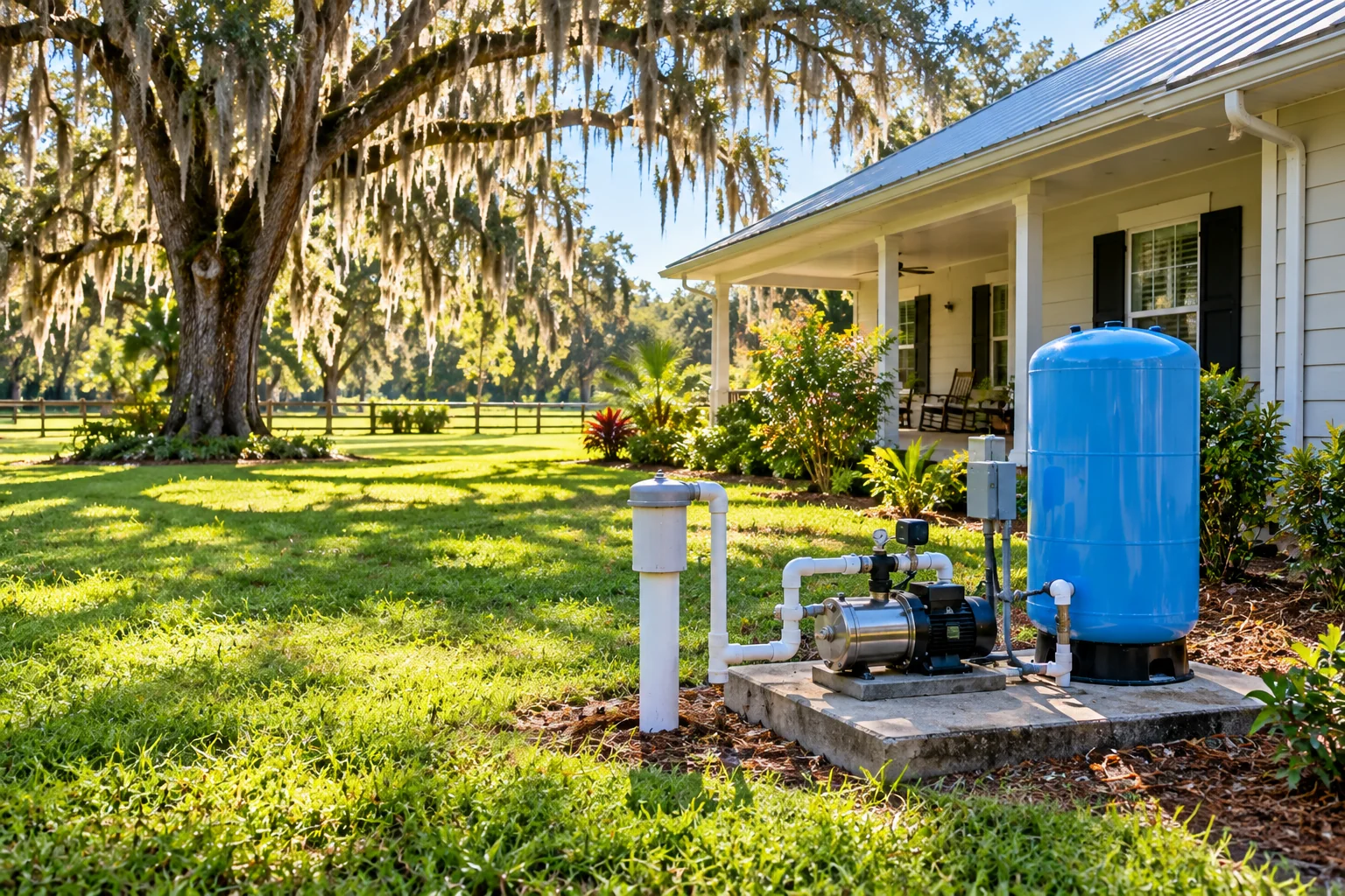 Generated image of a well pump and a blue pressure tank on a concrete pad beside a country home, under a live oak draped in Spanish moss.