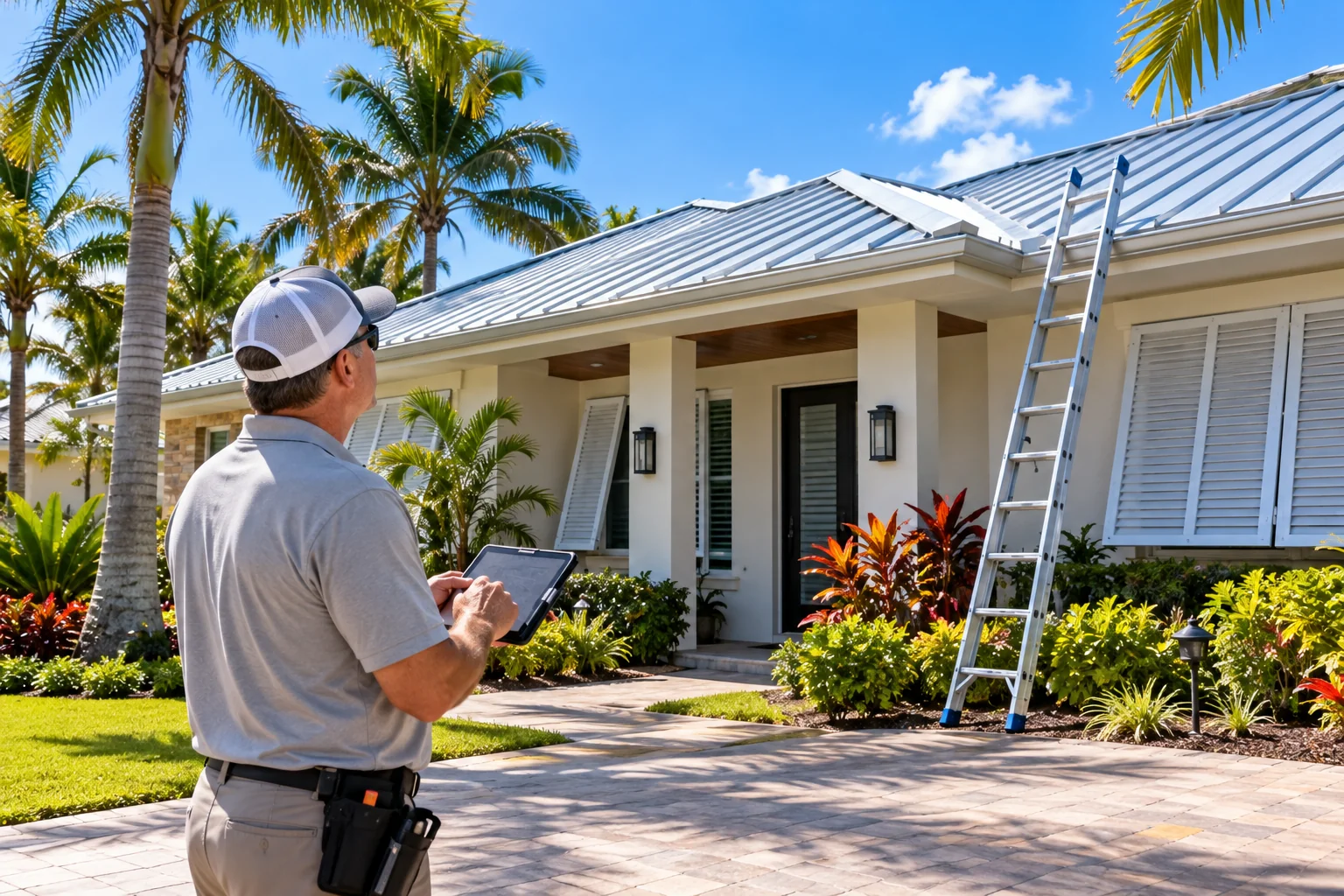Generated image of an inspector with a tablet looking up at the metal roof of a one-story Florida home with storm shutters, a ladder against the house.