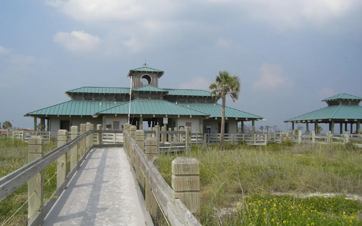 The boardwalk and pavilions at John Beasley Park in Okaloosa County, Florida