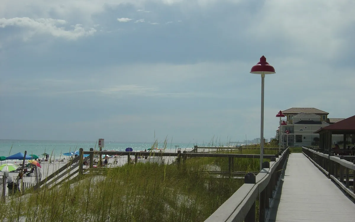 The boardwalk over the dunes at Okaloosa Island Beach in Okaloosa County, Florida