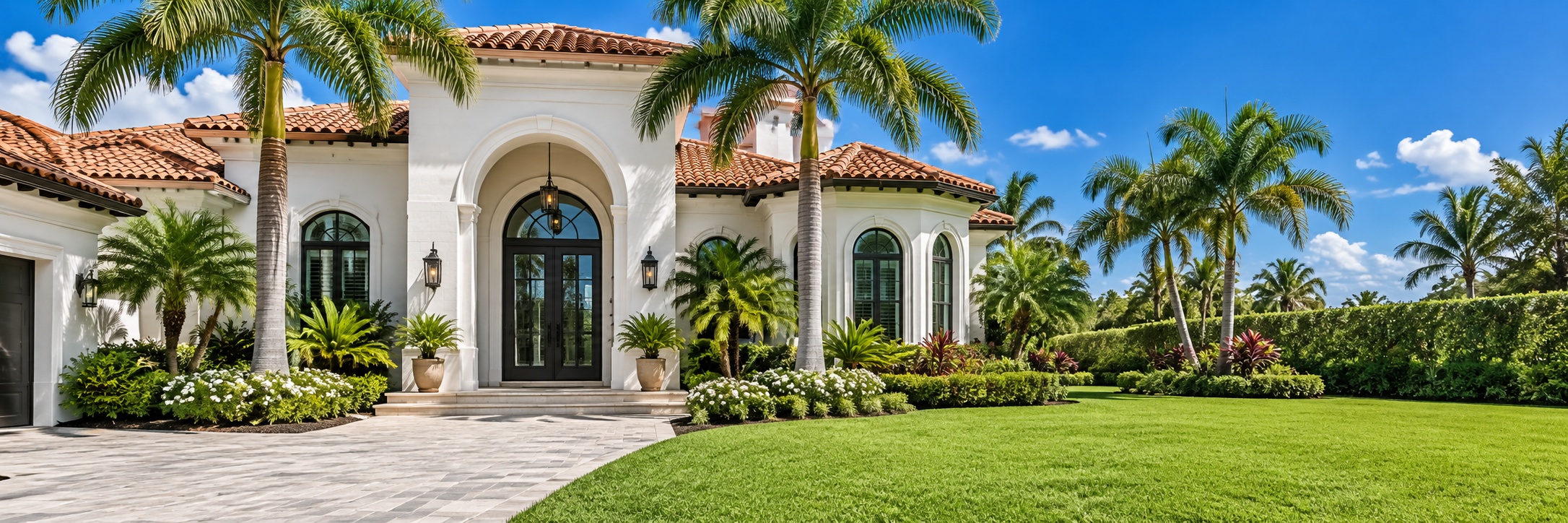 A white Florida house with a barrel tile roof and an arched front entry, palms and a wide green lawn