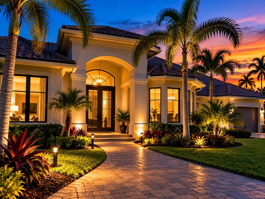 A Florida house at dusk with its windows lit from inside and a lit path to the front door