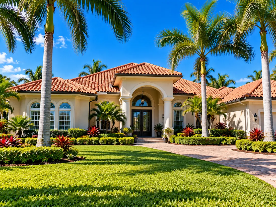 A single-story Florida house with a barrel tile roof, palms and a wide front lawn