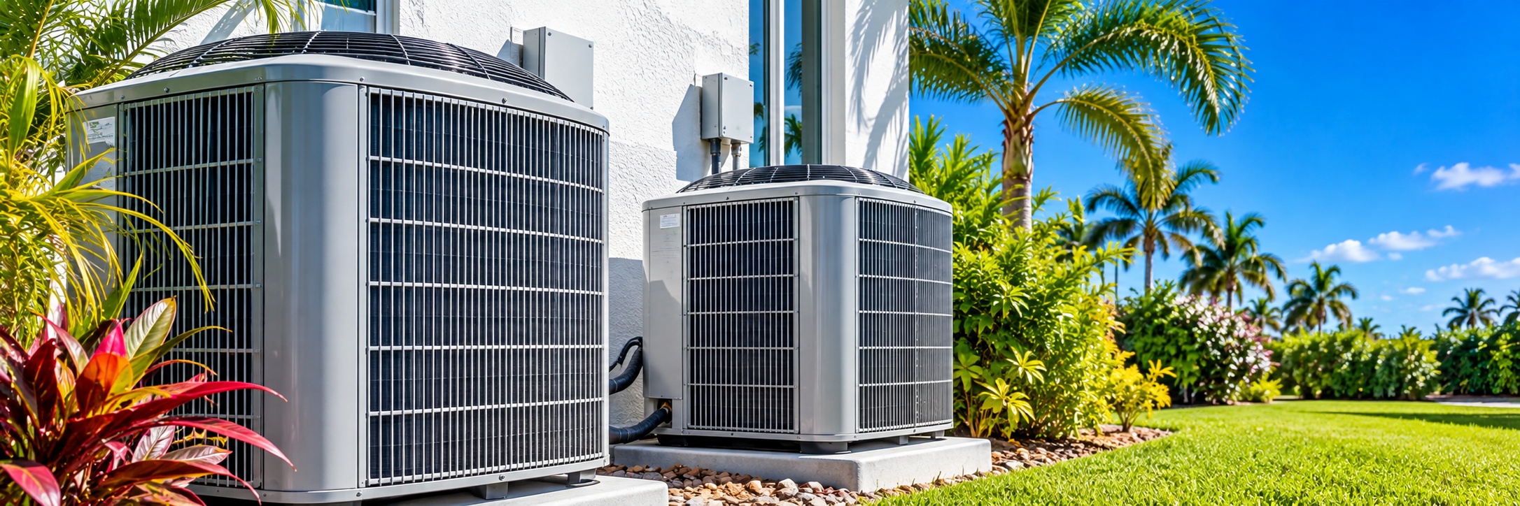 Two outdoor air conditioning units on concrete pads beside the white wall of a Florida house, with palms, flowering shrubs and a sunlit lawn to the right