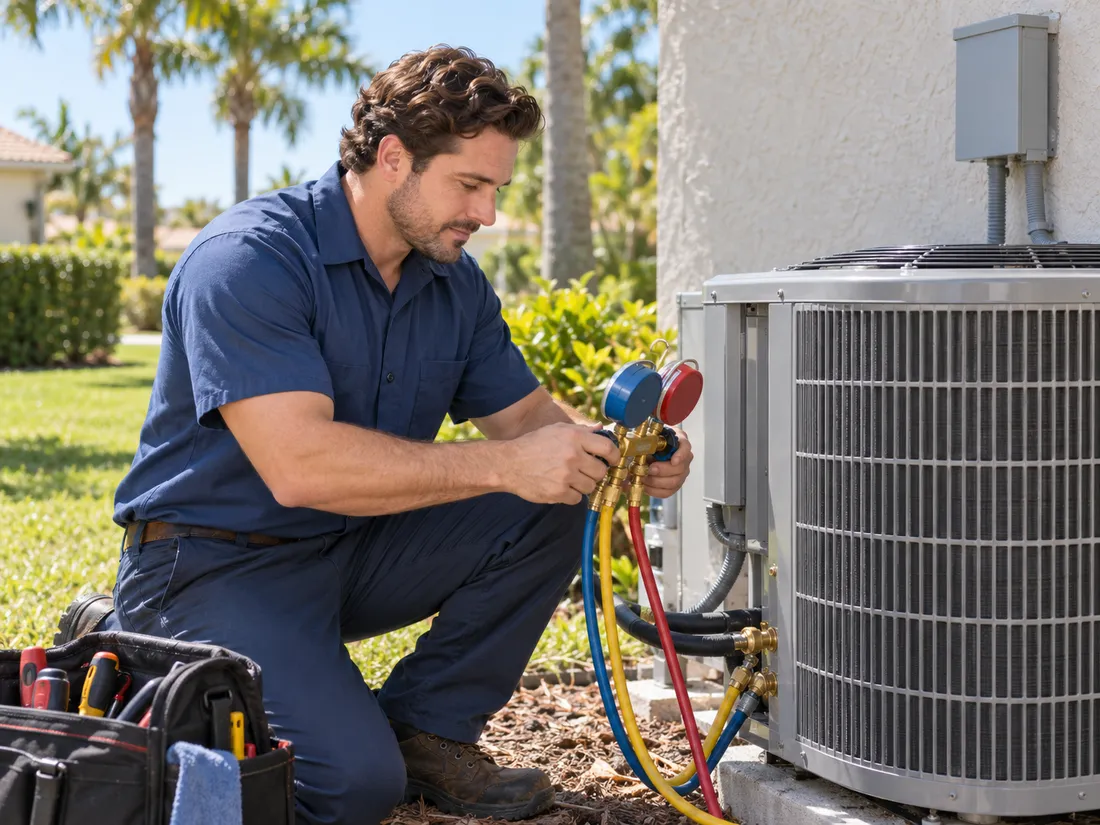 A technician kneeling at an outdoor air conditioning unit with a set of gauges connected to it