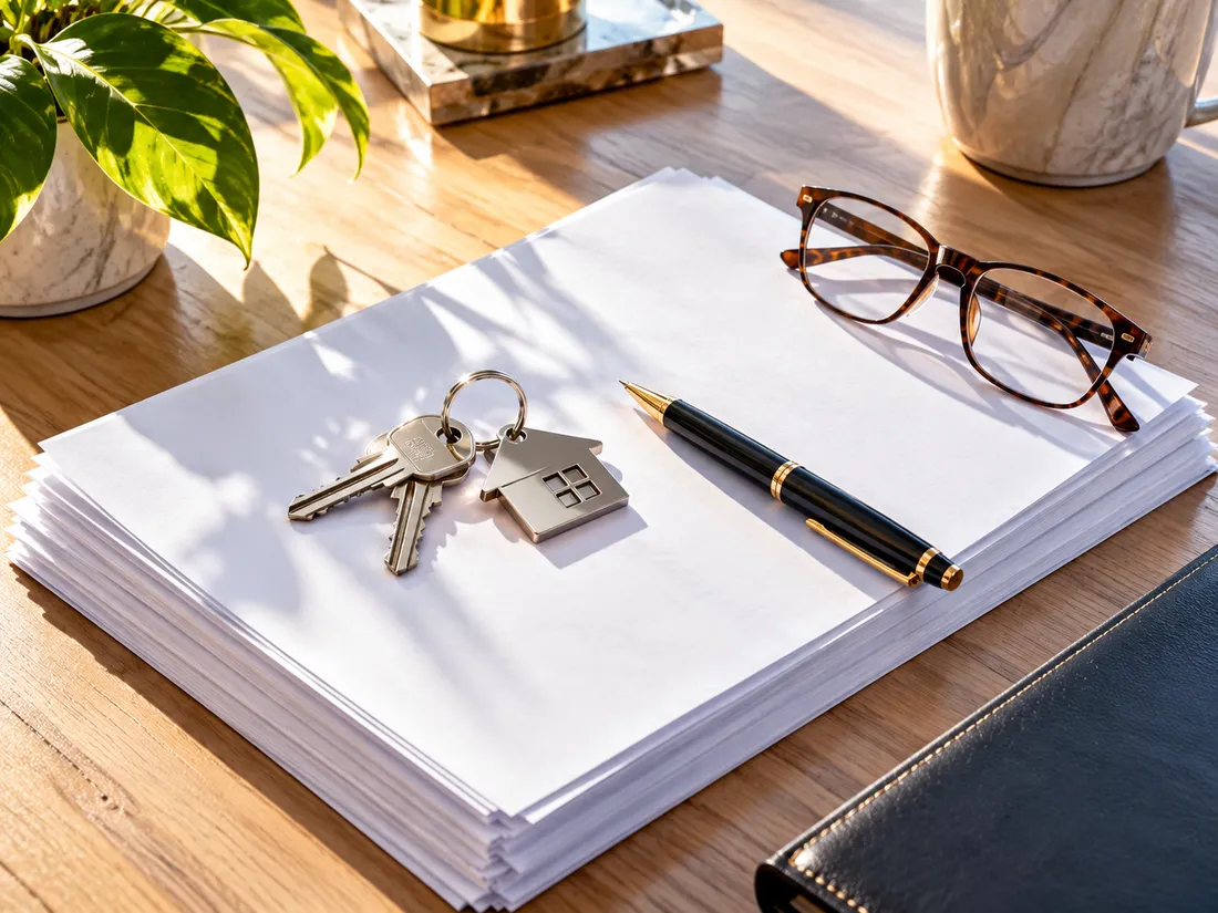 A closing table seen from above with a stack of documents, a pen, a set of house keys and reading glasses on dark wood
